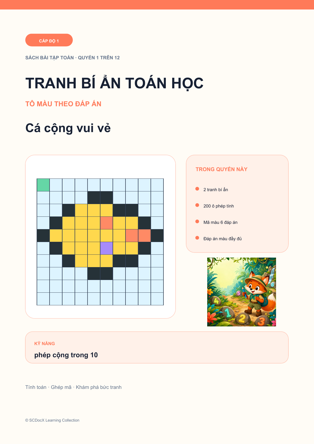 Tranh bí ẩn toán học Cấp độ 1 | Cá cộng vui vẻ có đáp án