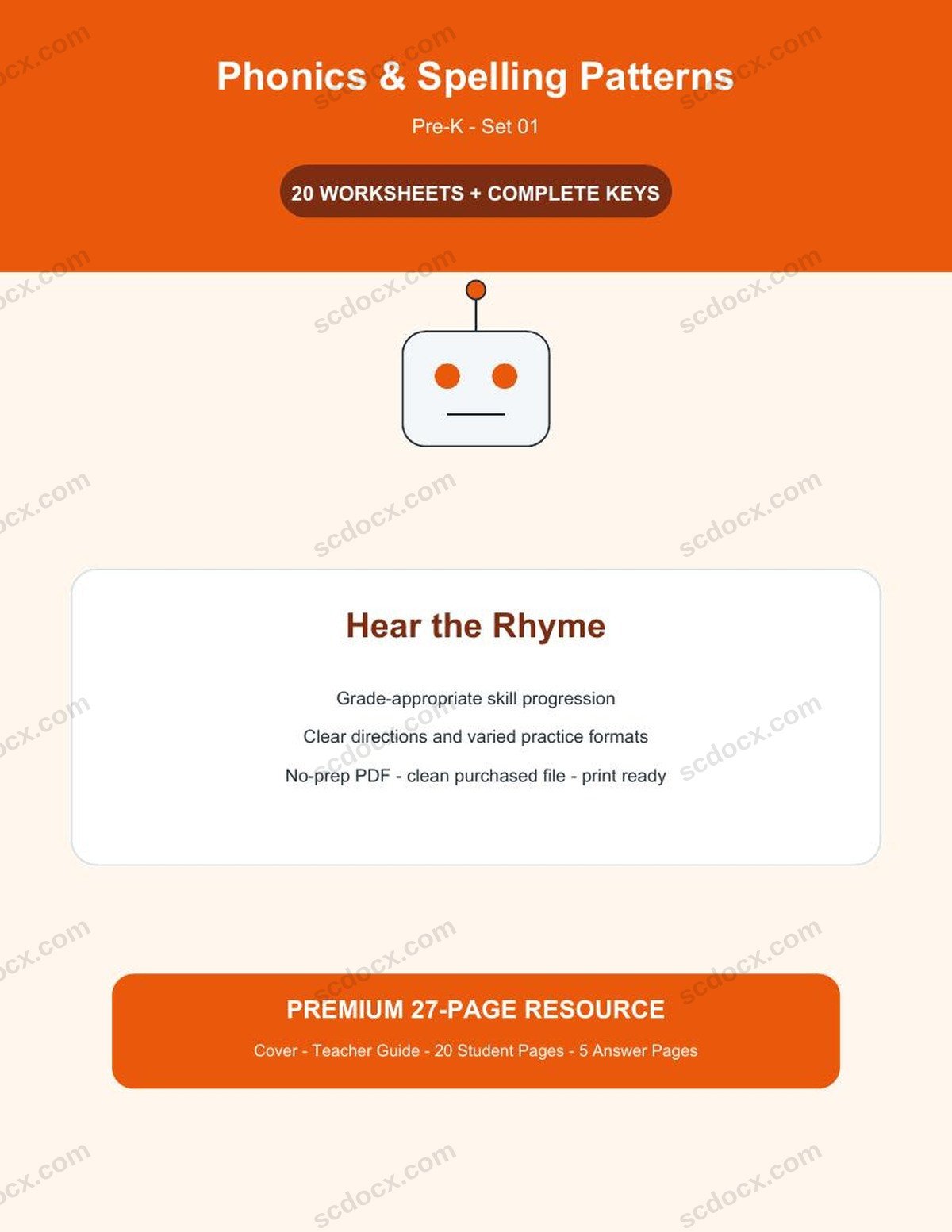 Phonics & Spelling Patterns | Pre-K | Hear the Rhyme | 20 Worksheets + Answer Keys