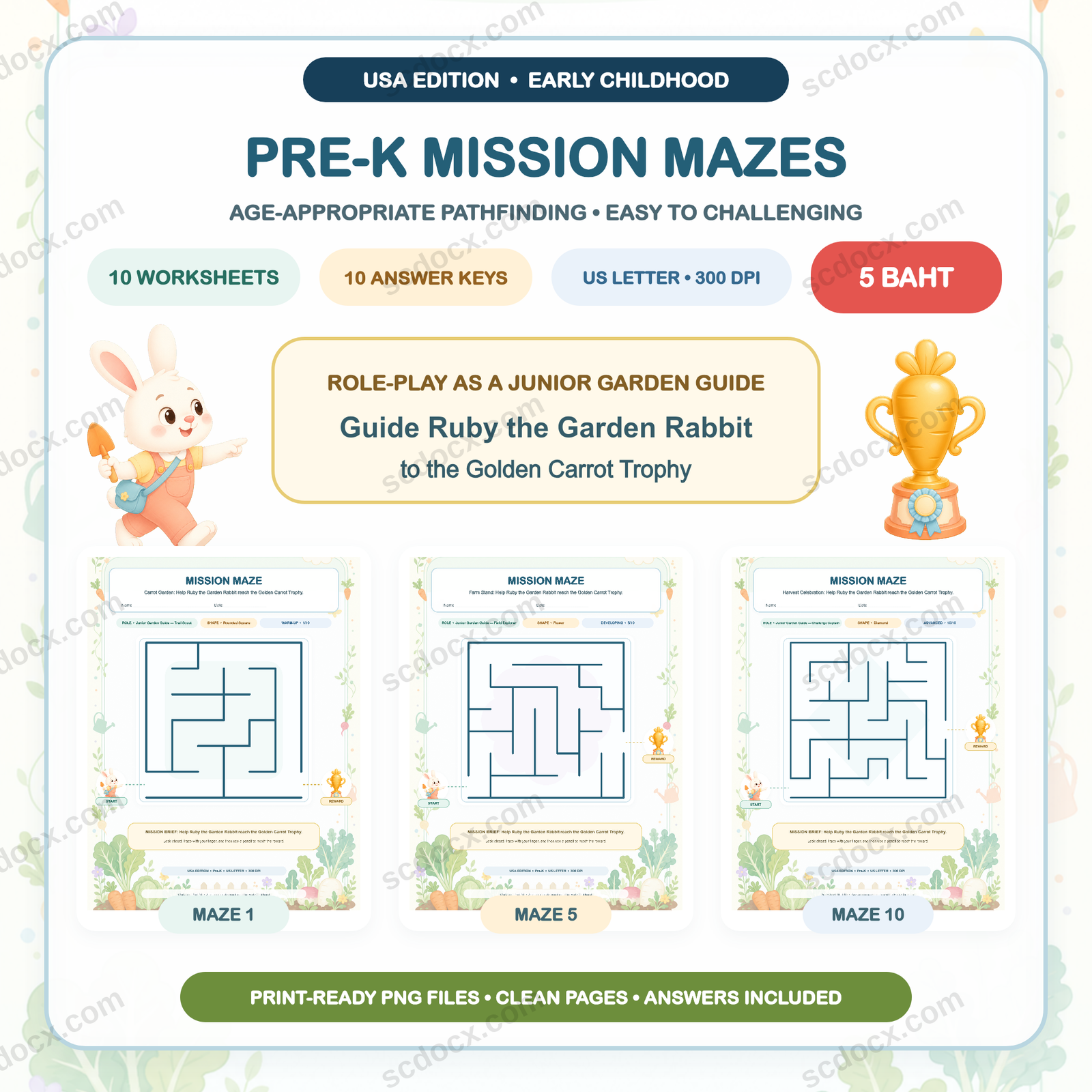USA Edition Mission Mazes — Pre-K (10 Worksheets + Answers)