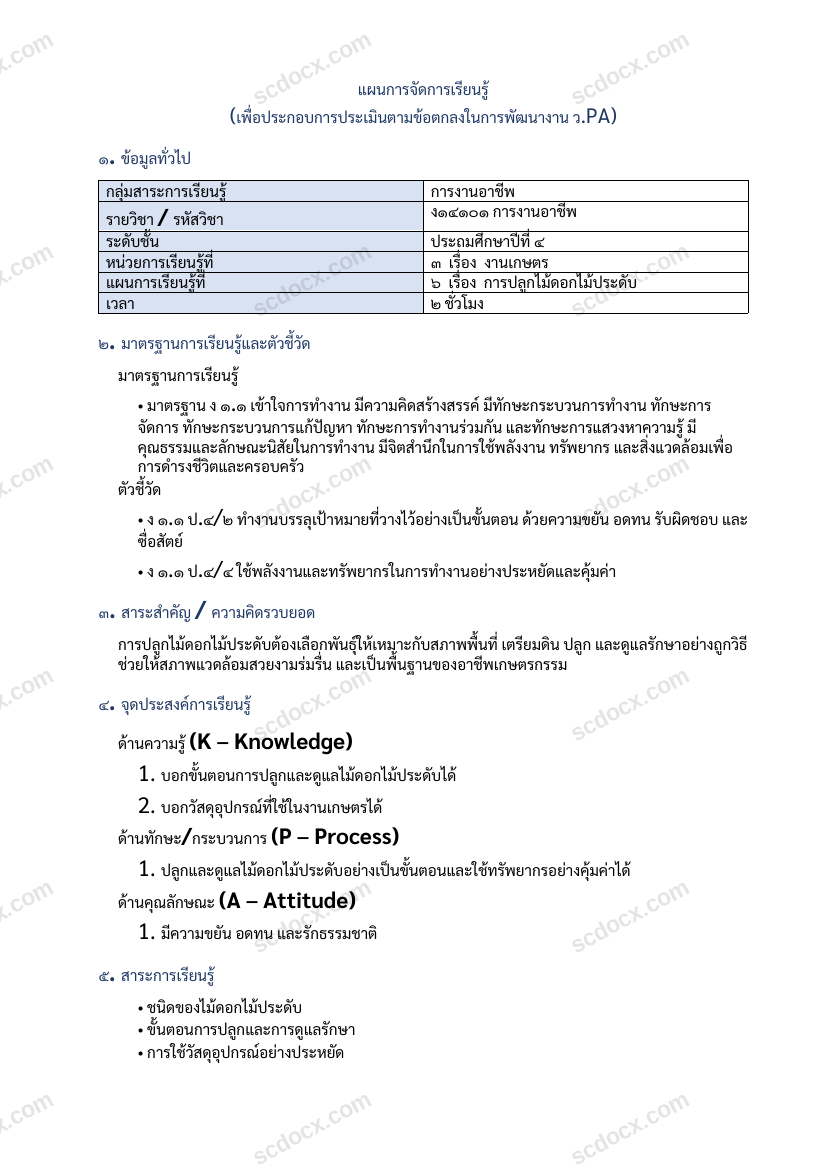 แผนการสอนประกอบการประเมิน ว.PA วิชาการงานอาชีพ แผนที่ 6 เรื่อง การปลูกไม้ดอกไม้ประดับ ชั้น ป.4