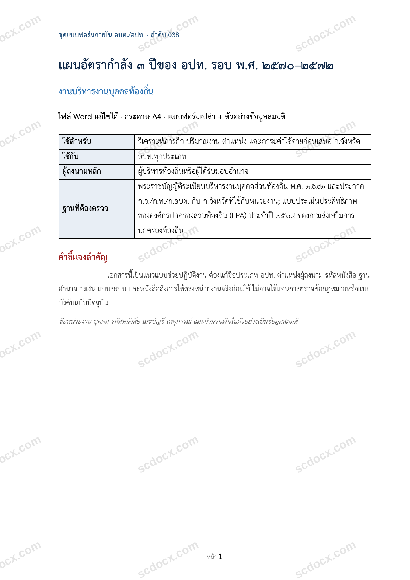 อบต./อปท. | แผนอัตรากำลัง ๓ ปีของ อปท. รอบ พ.ศ. ๒๕๗๐–๒๕๗๒ (Word + ตัวอย่าง)