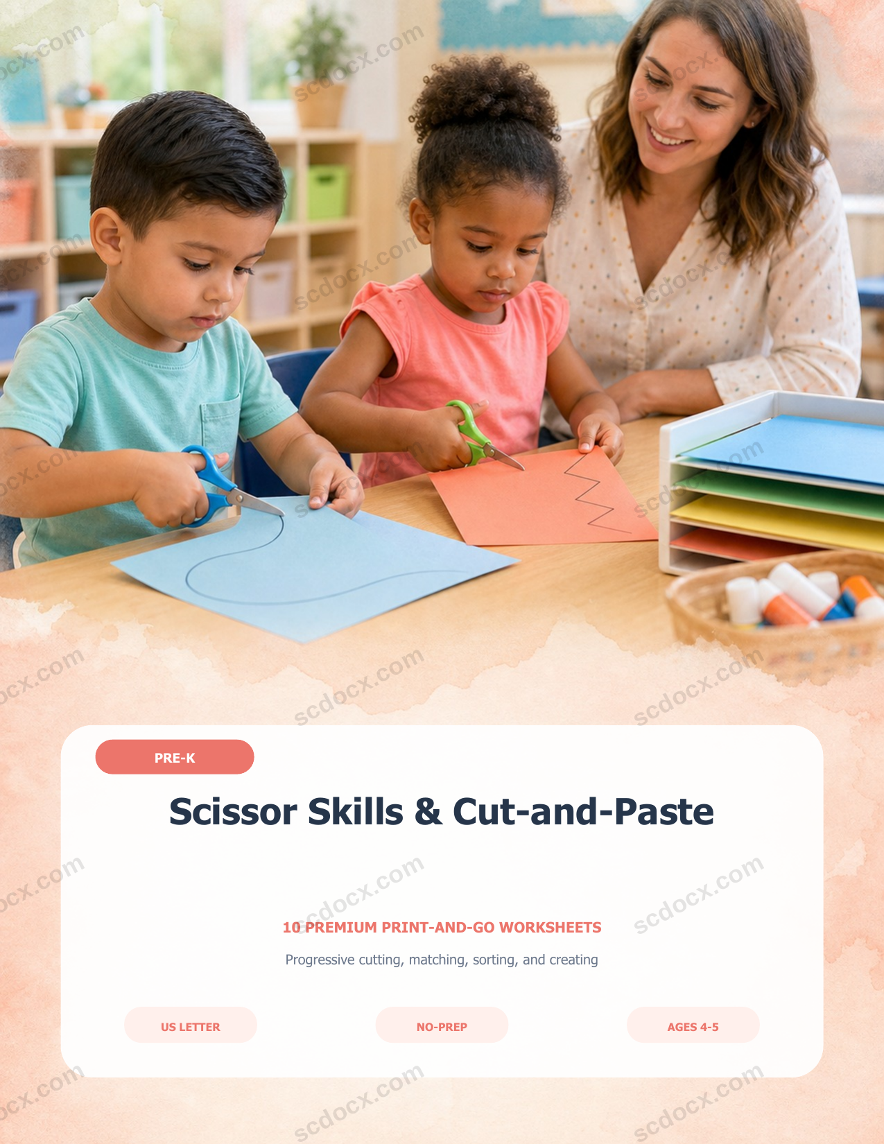 USA Scissor Skills & Cut-and-Paste | Pre-K | 10 Premium Worksheets