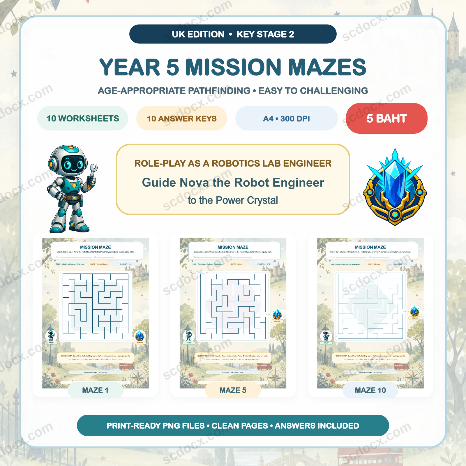 UK Edition Mission Mazes - Year 5 (10 Worksheets + 10 Answer Keys)