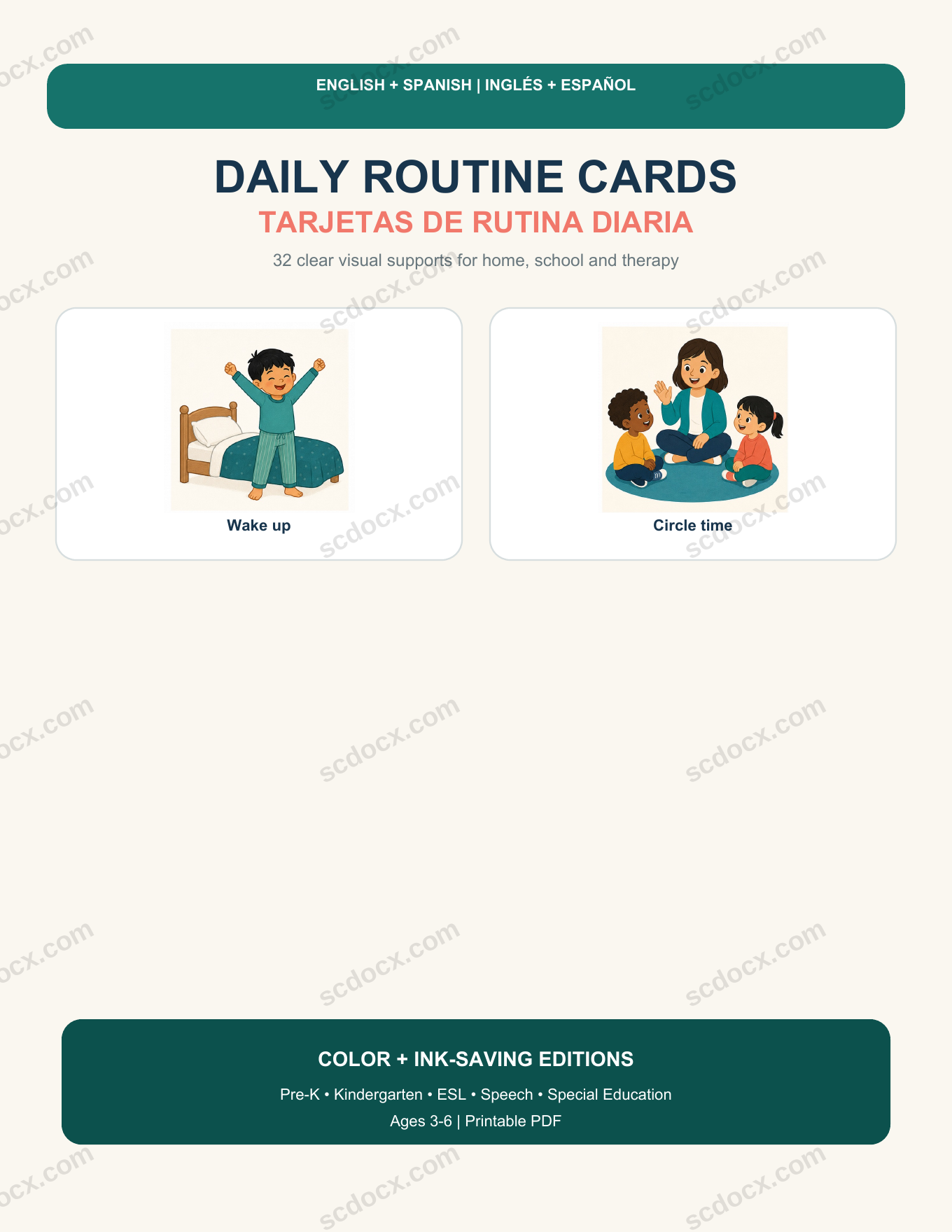 Bilingual Daily Routine Cards | การ์ดกิจวัตร 2 ภาษา อังกฤษ-สเปน 32 ภาพ