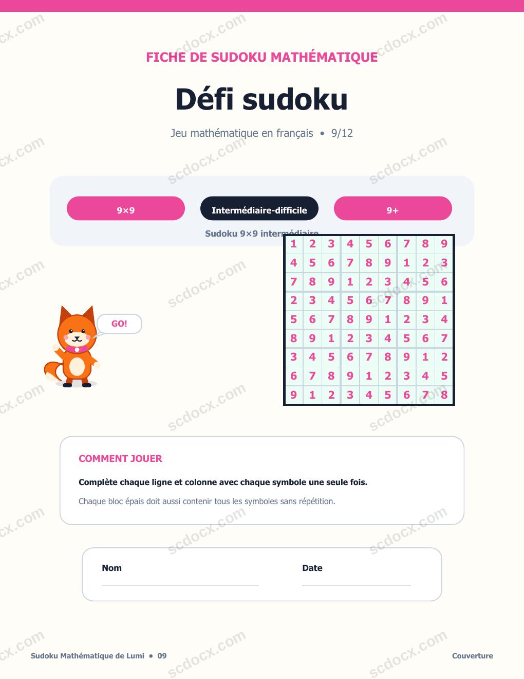 Sudoku Mathématique en Français 09 - Défi sudoku avec corrigé