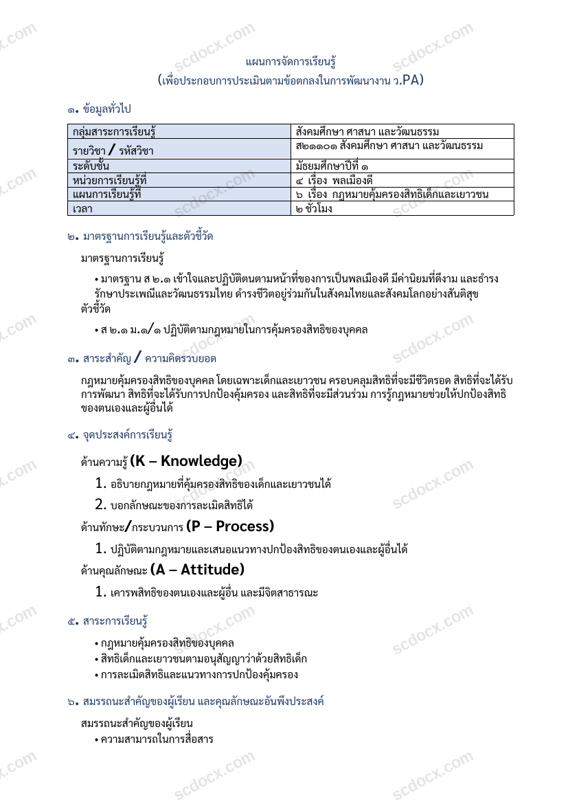 แผนการสอน ว.PA สังคมศึกษา แผนที่ 6 กฎหมายคุ้มครองสิทธิเด็กและเยาวชน ม.1