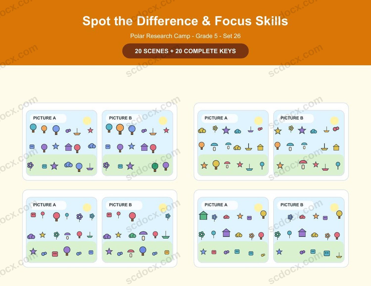 Spot the Difference | Grade 5 | Polar Research Camp | 20 Games + Keys | US Letter Landscape