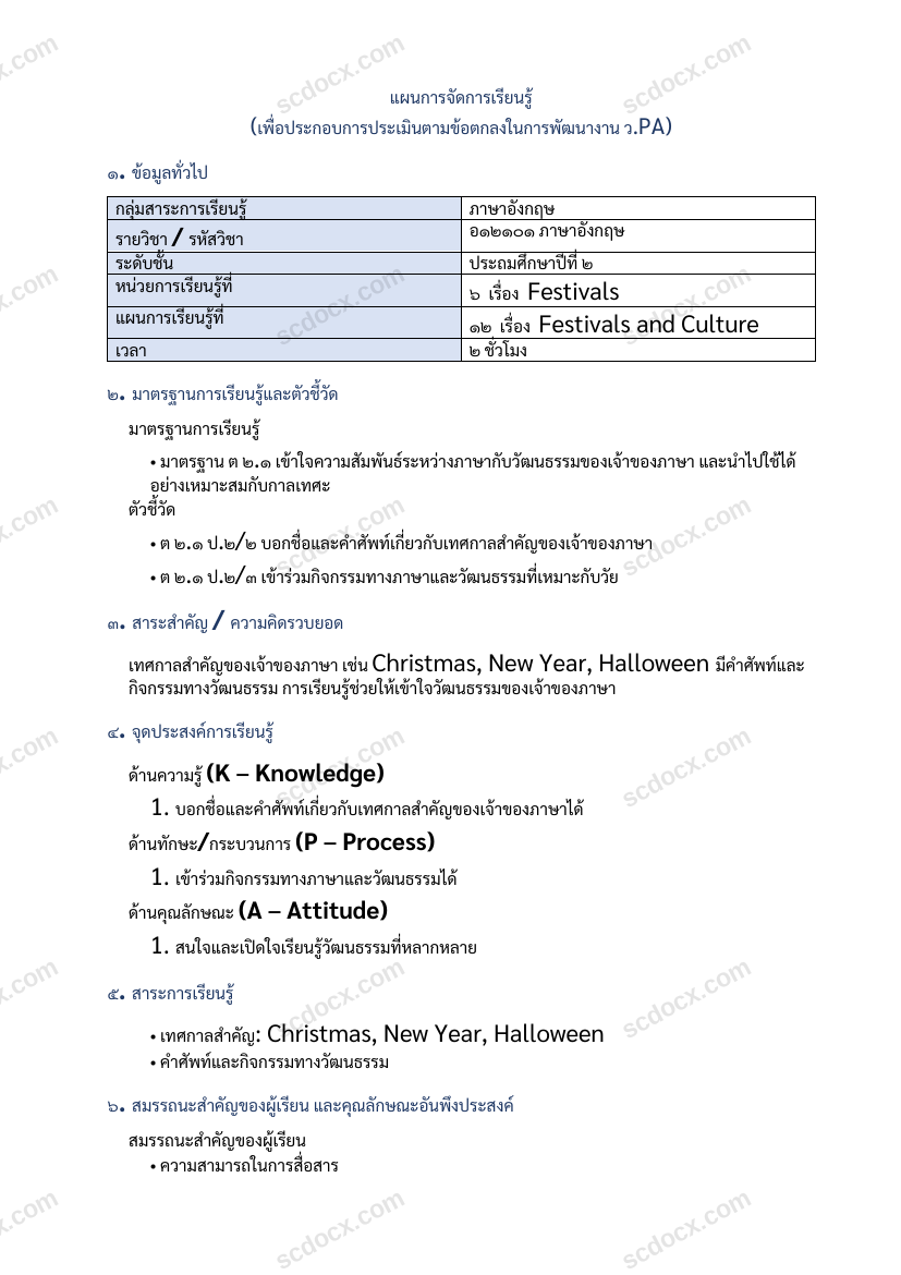 แผนการสอนประกอบการประเมิน ว.PA วิชาภาษาอังกฤษ แผนที่ 12 เรื่อง Festivals and Culture ชั้น ป.2