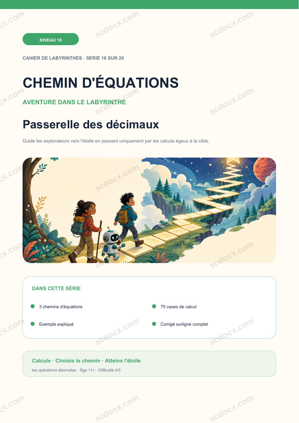 Chemin d'équations Niveau 16 | Passerelle des décimaux avec corrigé