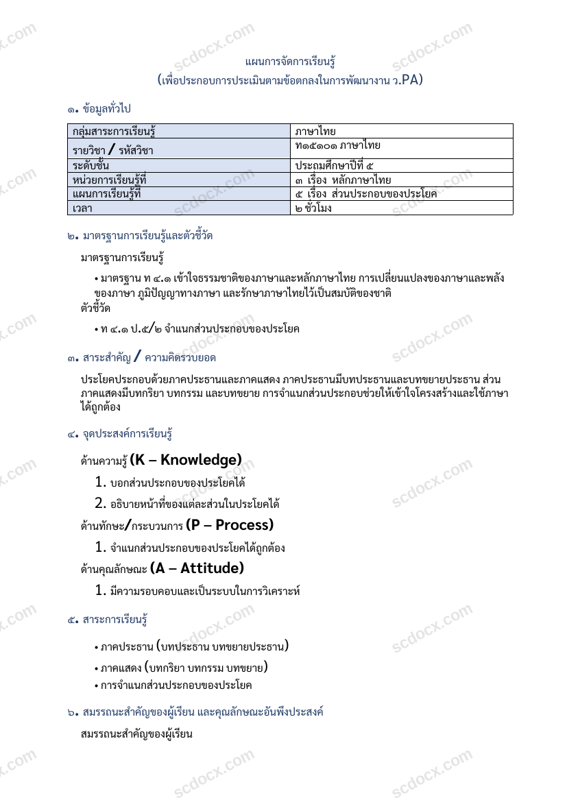 แผนการสอน ว.PA ภาษาไทย แผนที่ 5 ส่วนประกอบของประโยค ป.5