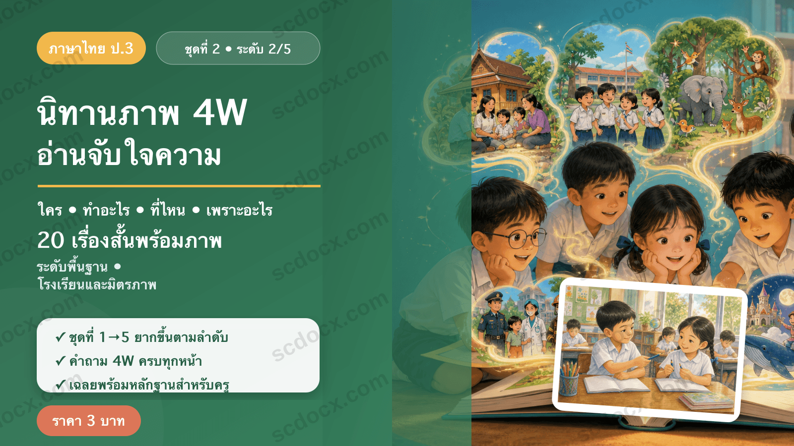 นิทานภาพ 4W อ่านจับใจความ ป.3 ชุดที่ 2 (ระดับพื้นฐาน) — โรงเรียนและมิตรภาพ 20 เรื่อง พร้อมเฉลย