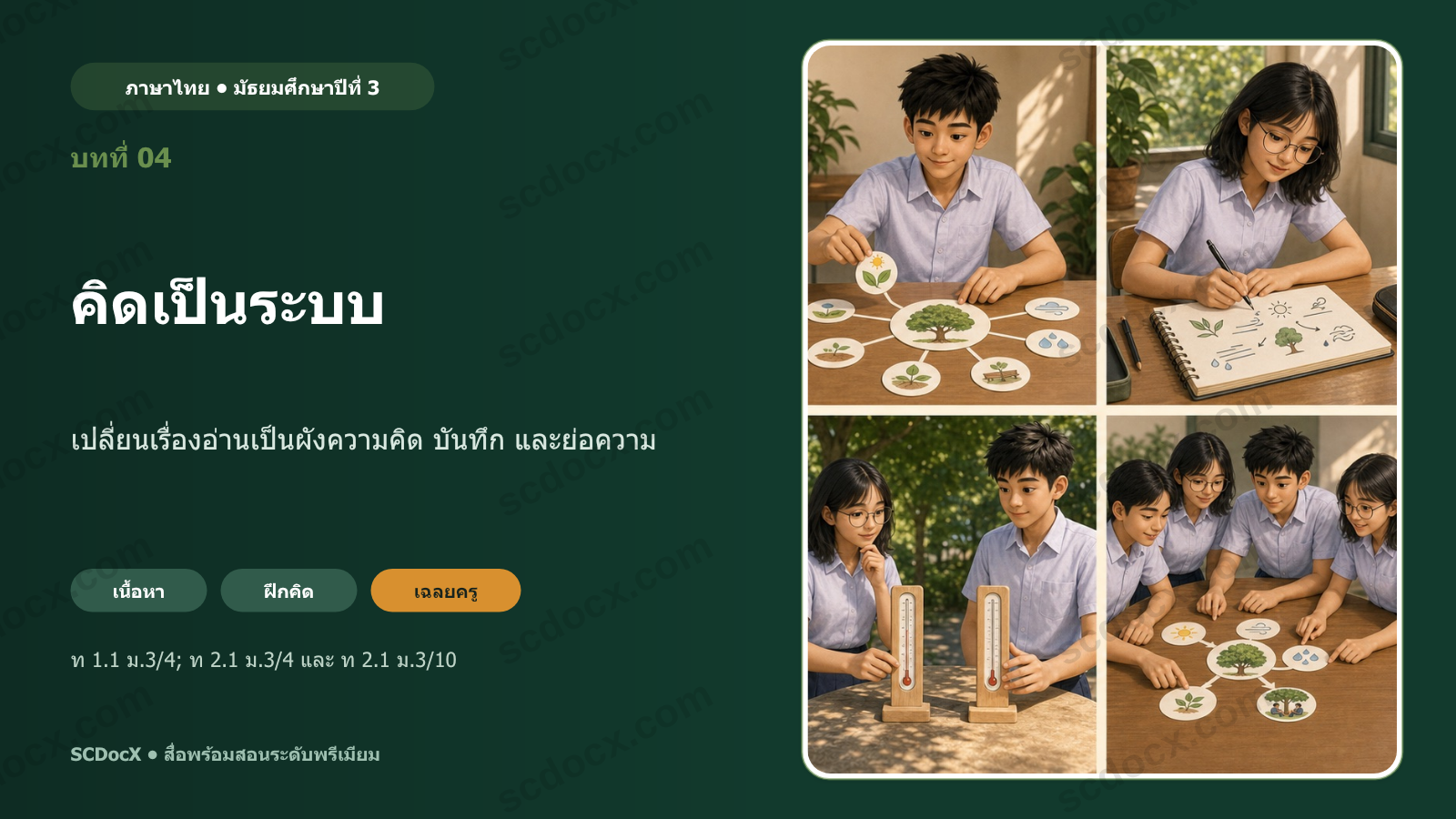 PowerPoint ภาษาไทย ม.3 บทที่ 04 ผังความคิดบันทึกและย่อความ | 21 สไลด์ + แบบฝึก + เฉลยครู