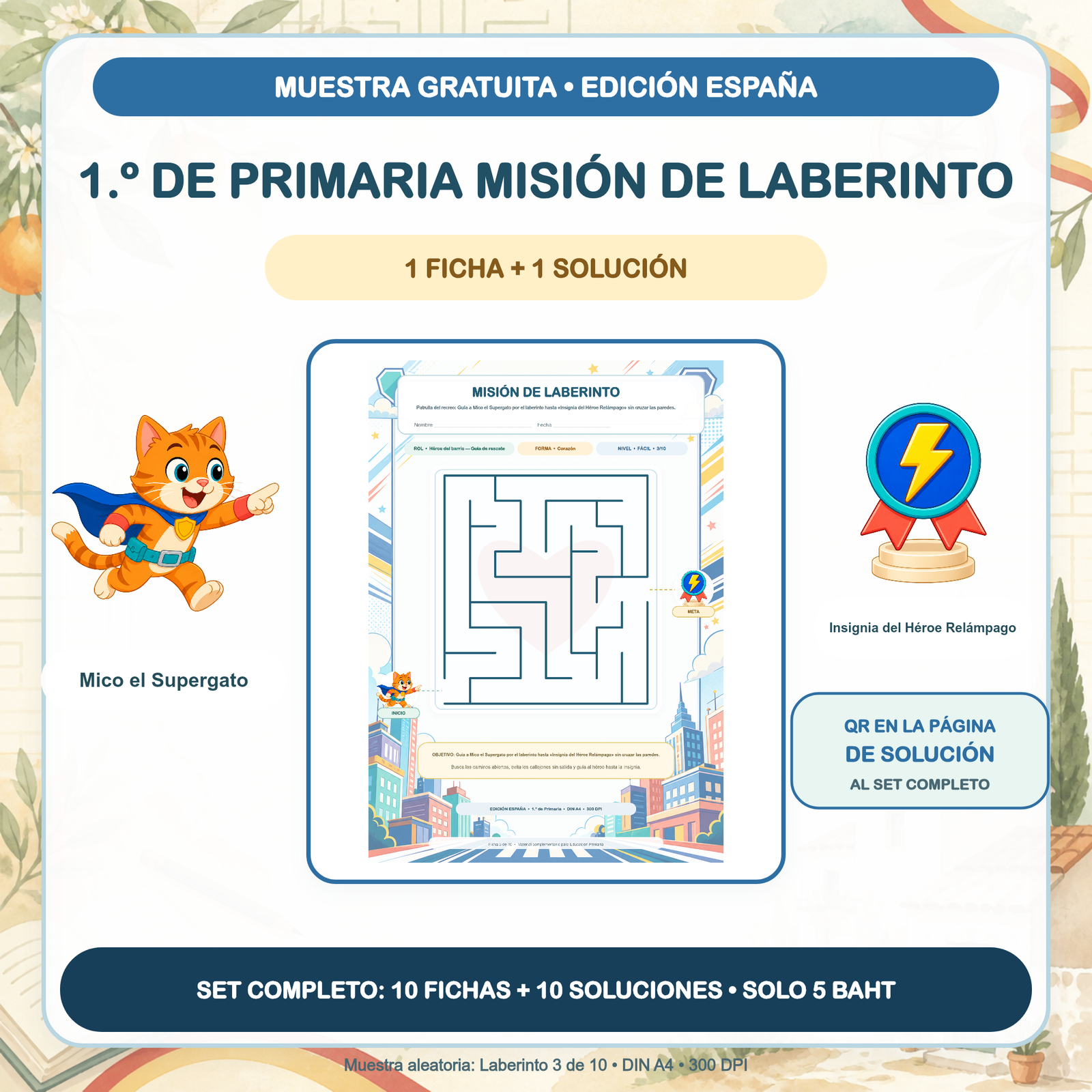 MUESTRA GRATUITA — Misiones de Laberinto España: 1.º de Primaria (1 ficha + solución)