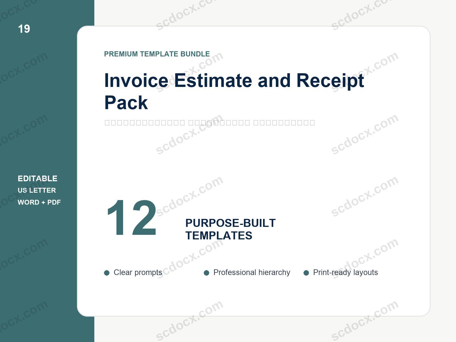 Invoice Estimate and Receipt Pack | 12 Editable US Letter Templates