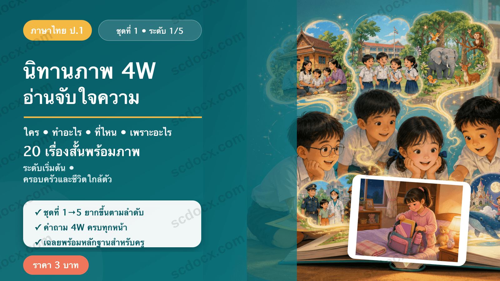 นิทานภาพ 4W อ่านจับใจความ ป.1 ชุดที่ 1 (ระดับเริ่มต้น) — ครอบครัวและชีวิตใกล้ตัว 20 เรื่อง พร้อมเฉลย
