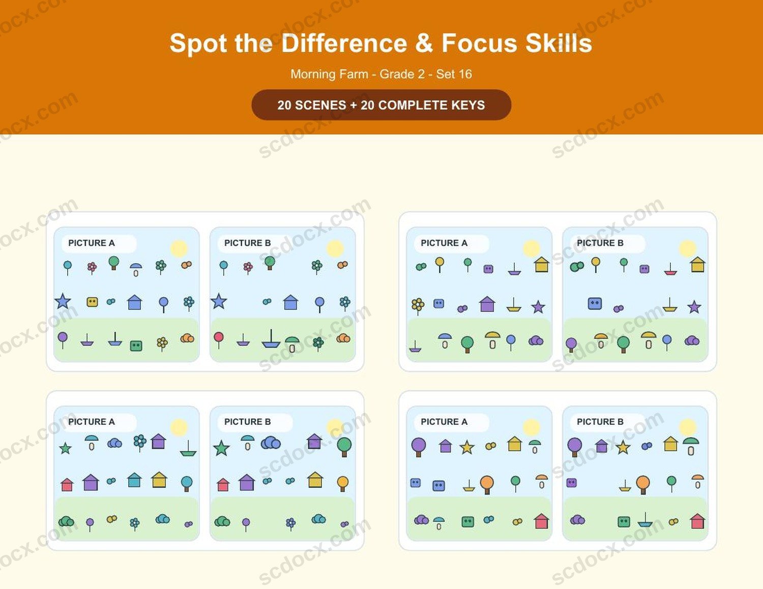 Spot the Difference | Grade 2 | Morning Farm | 20 Games + Keys | US Letter Landscape