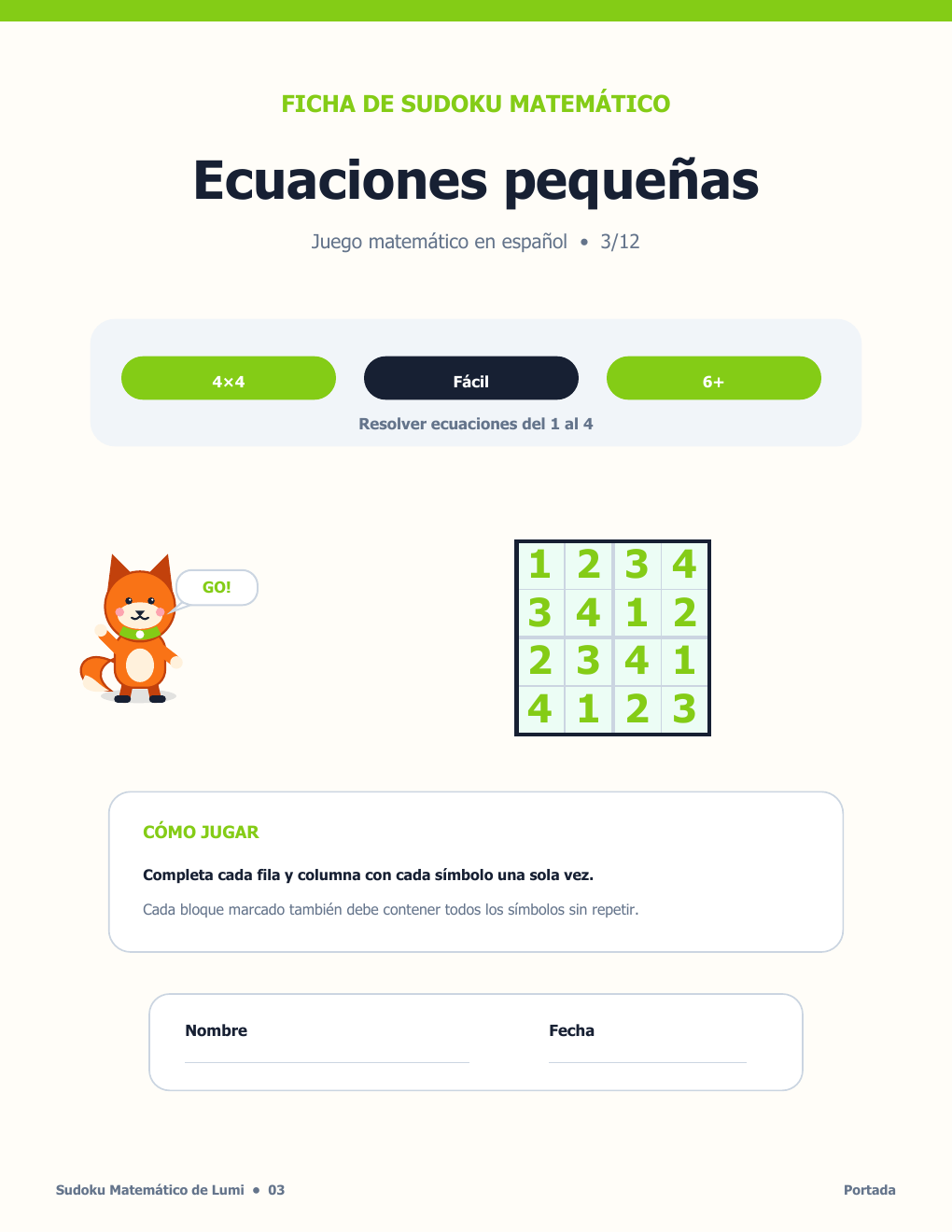 Sudoku Matemático en Español 03 - Ecuaciones pequeñas con soluciones (GRATIS)