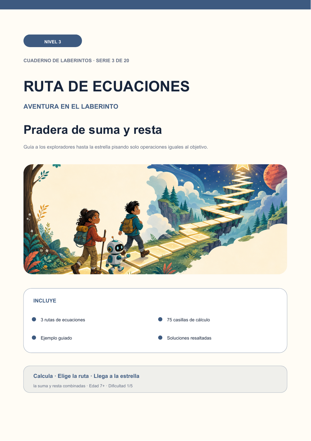 Ruta de ecuaciones Nivel 3 | Pradera de suma y resta con soluciones