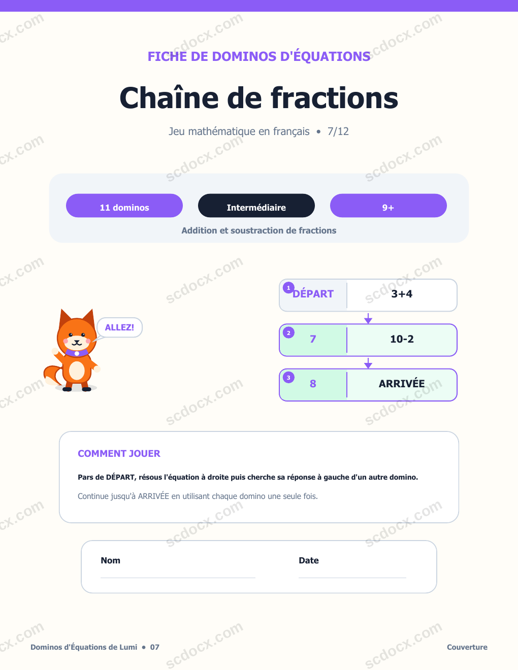 Dominos d'Équations en Français 07 - Chaîne de fractions avec corrigé