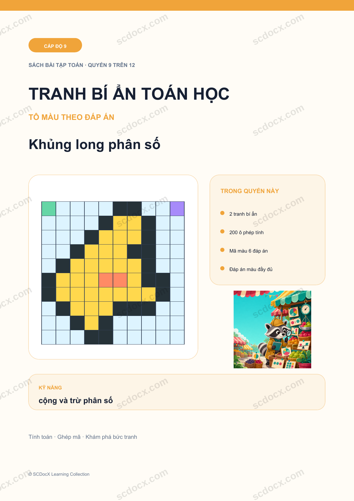 Tranh bí ẩn toán học Cấp độ 9 | Khủng long phân số có đáp án