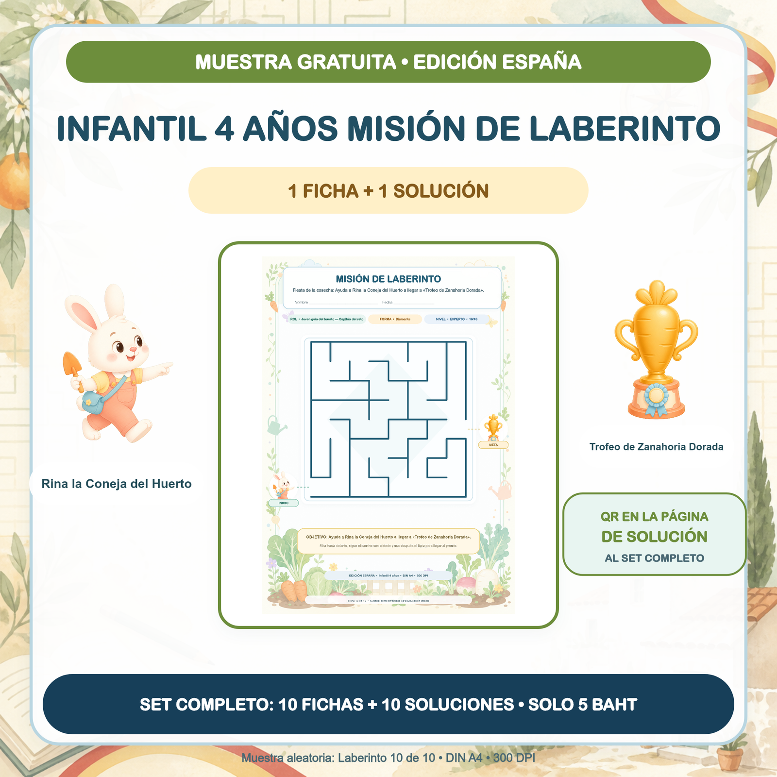 MUESTRA GRATUITA — Misiones de Laberinto España: Infantil 4 años (1 ficha + solución)