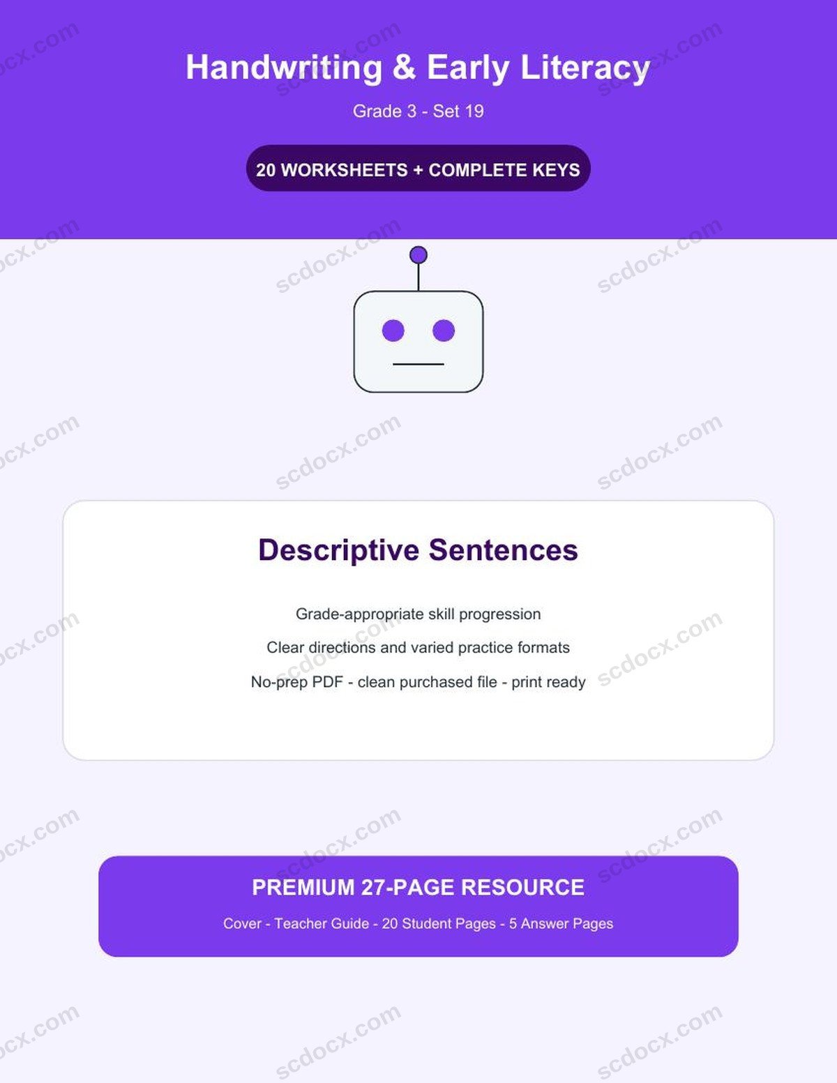 Handwriting & Early Literacy | Grade 3 | Descriptive Sentences | 20 Worksheets + Answer Keys