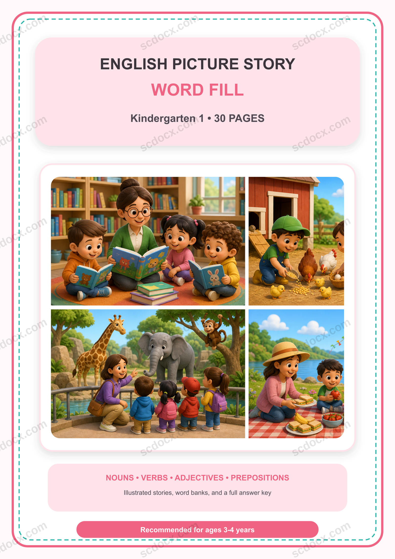 แบบฝึกเติมคำภาษาอังกฤษในเรื่องจากภาพ อนุบาล 1 | 30 หน้า พร้อมเฉลย 30 หน้า PDF + PNG