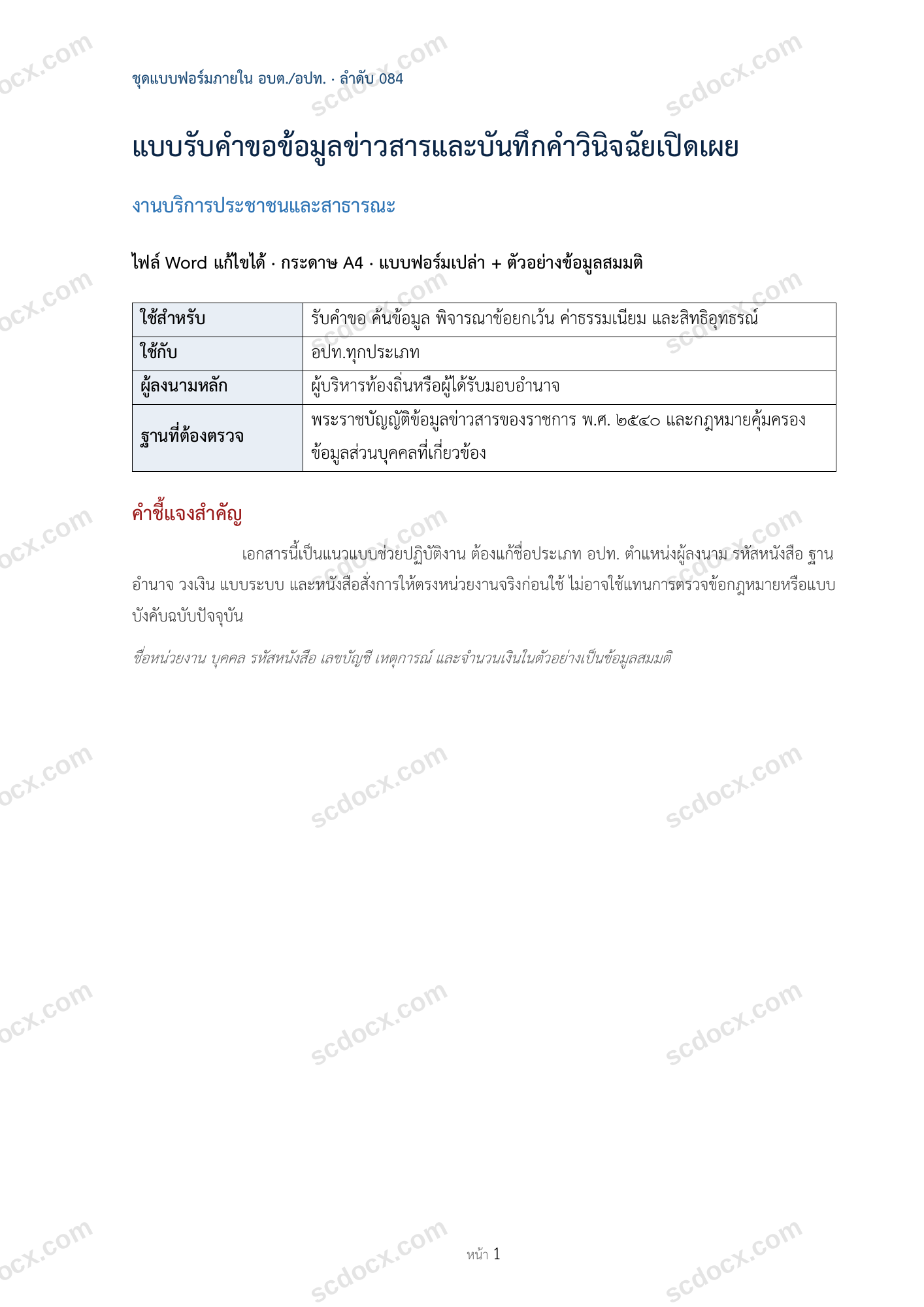 อบต./อปท. | แบบรับคำขอข้อมูลข่าวสารและบันทึกคำวินิจฉัยเปิดเผย (Word + ตัวอย่าง)