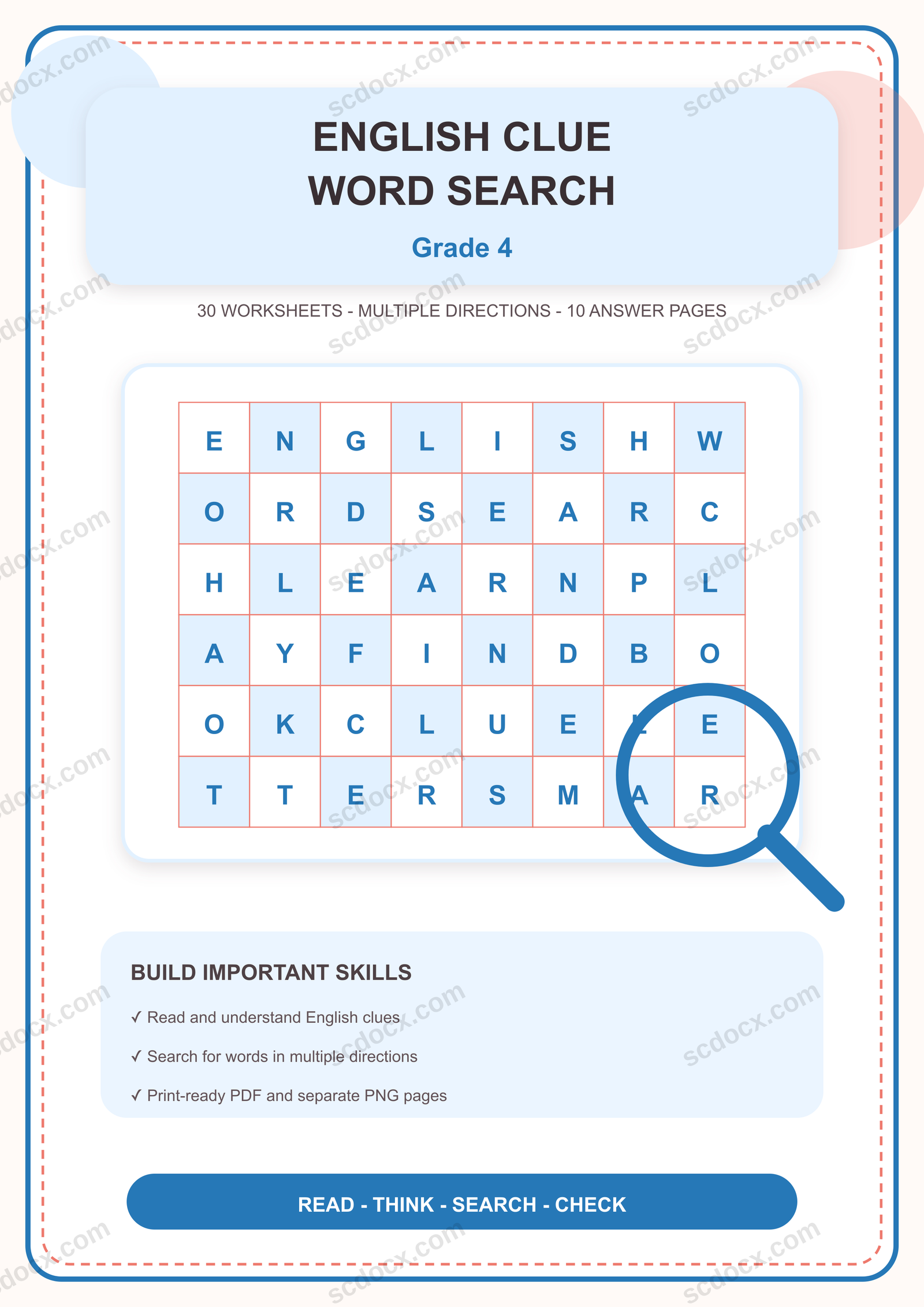 แบบฝึกค้นหาคำภาษาอังกฤษตามคำใบ้ในตาราง ป.4 | 30 หน้า พร้อมเฉลย 10 หน้า PDF + PNG