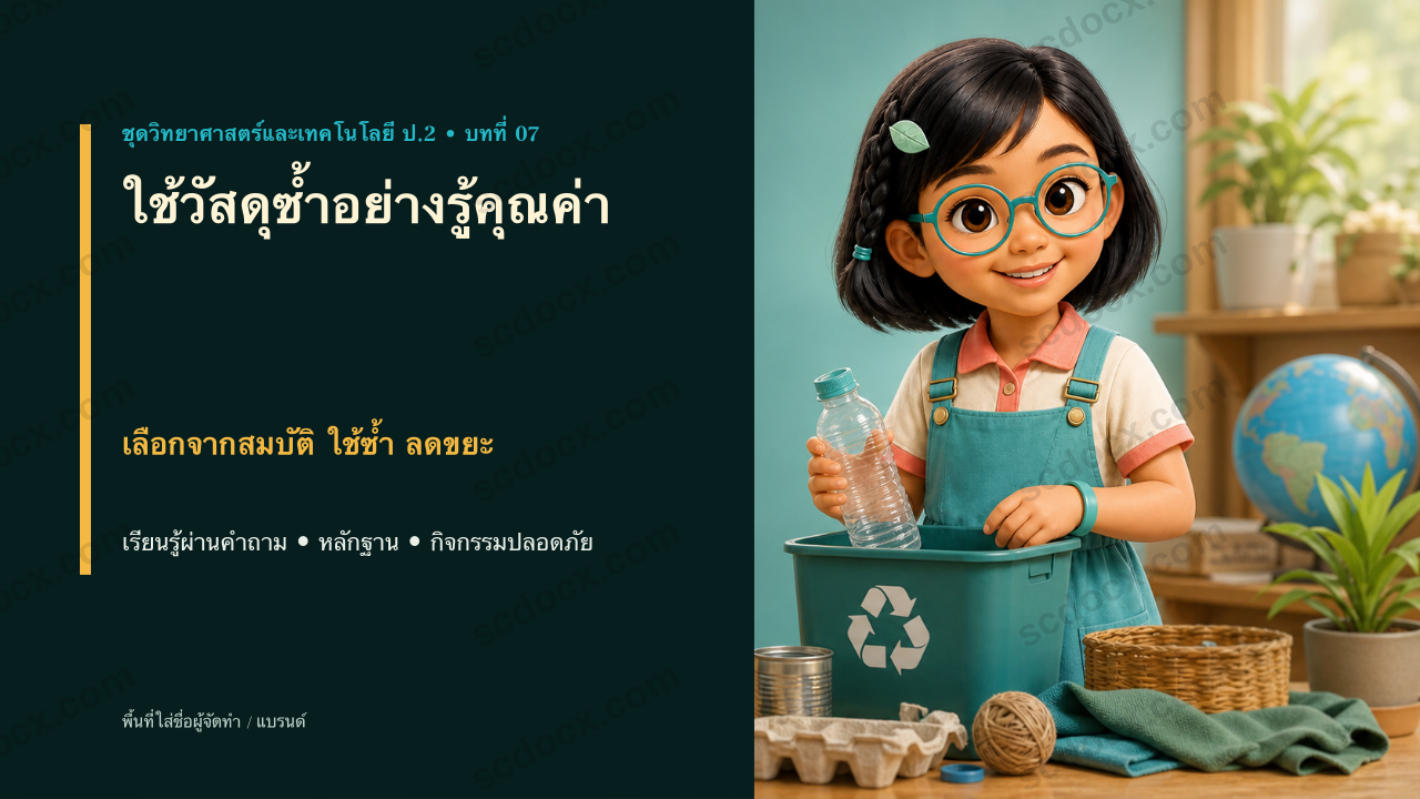 PowerPoint วิทยาศาสตร์และเทคโนโลยี ป.2 บทที่ 7 ใช้วัสดุซ้ำอย่างรู้คุณค่า