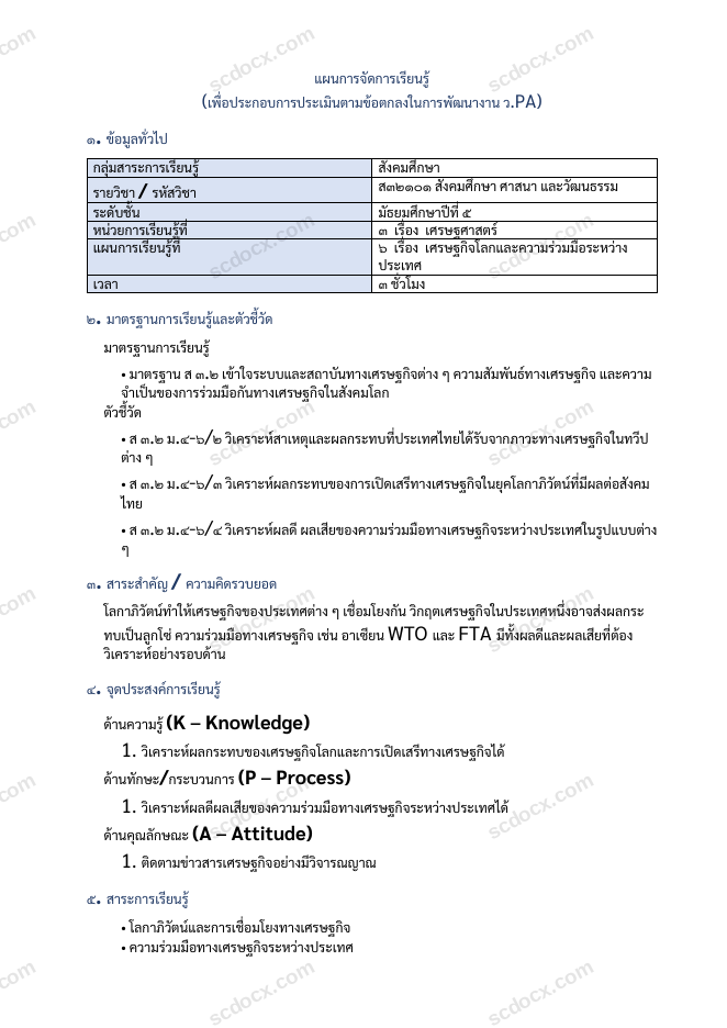 แผนการสอน ว.PA สังคมศึกษา แผนที่ 6 เศรษฐกิจโลกและความร่วมมือระหว่างประเทศ ม.5