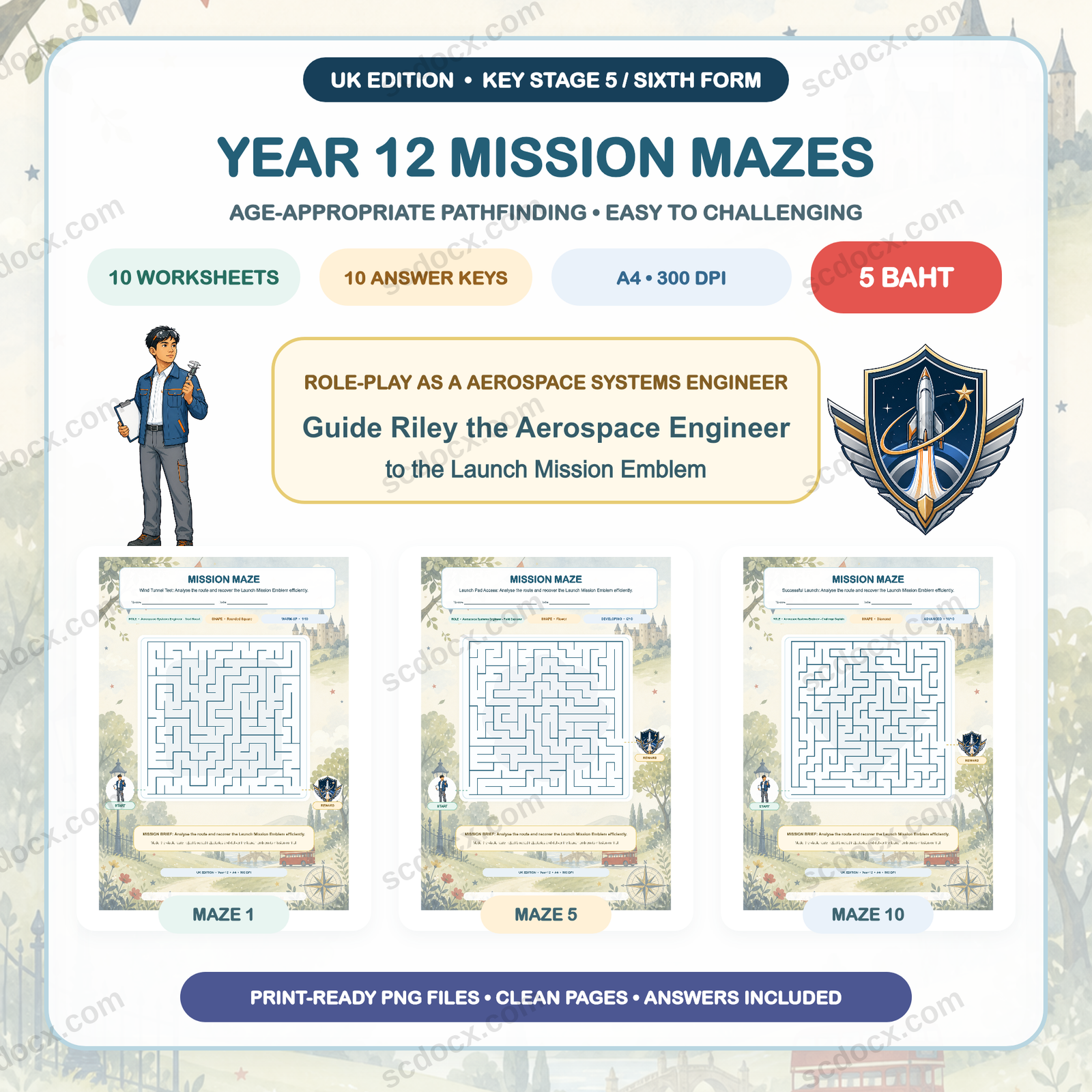 UK Edition Mission Mazes - Year 12 (10 Worksheets + 10 Answer Keys)