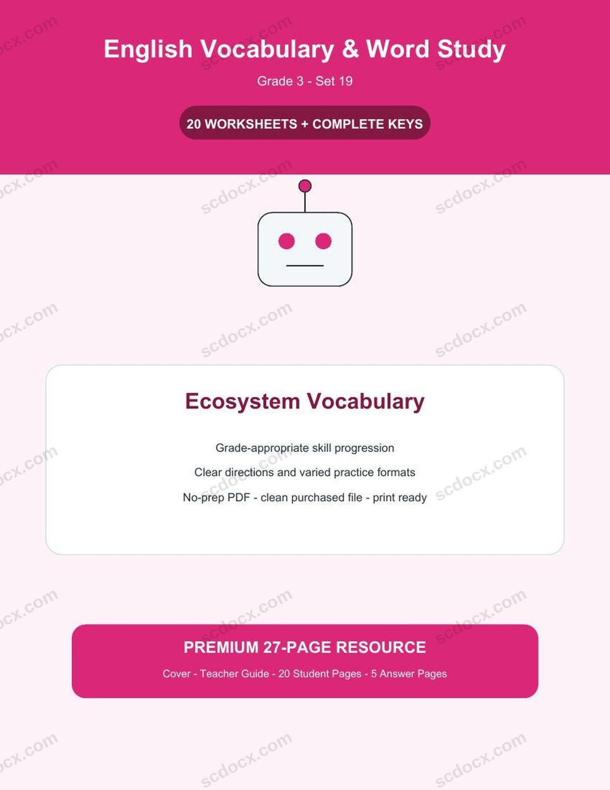 English Vocabulary & Word Study | Grade 3 | Ecosystem Vocabulary | 20 Worksheets + Answer Keys