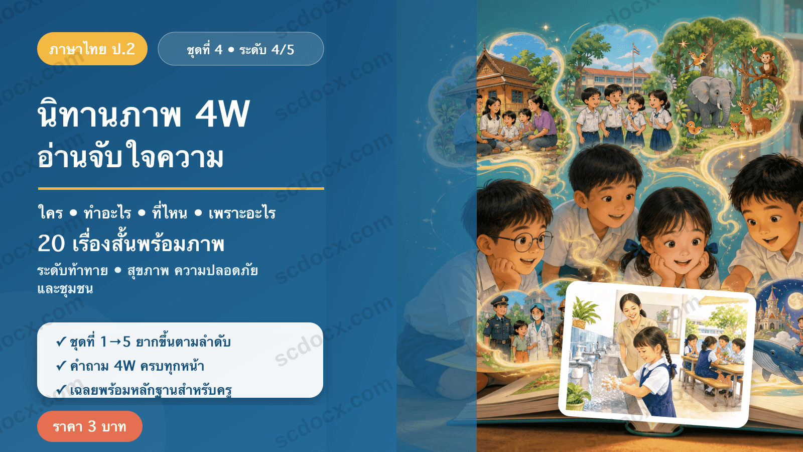 นิทานภาพ 4W อ่านจับใจความ ป.2 ชุดที่ 4 (ระดับท้าทาย) — สุขภาพ ความปลอดภัย และชุมชน 20 เรื่อง พร้อมเฉลย