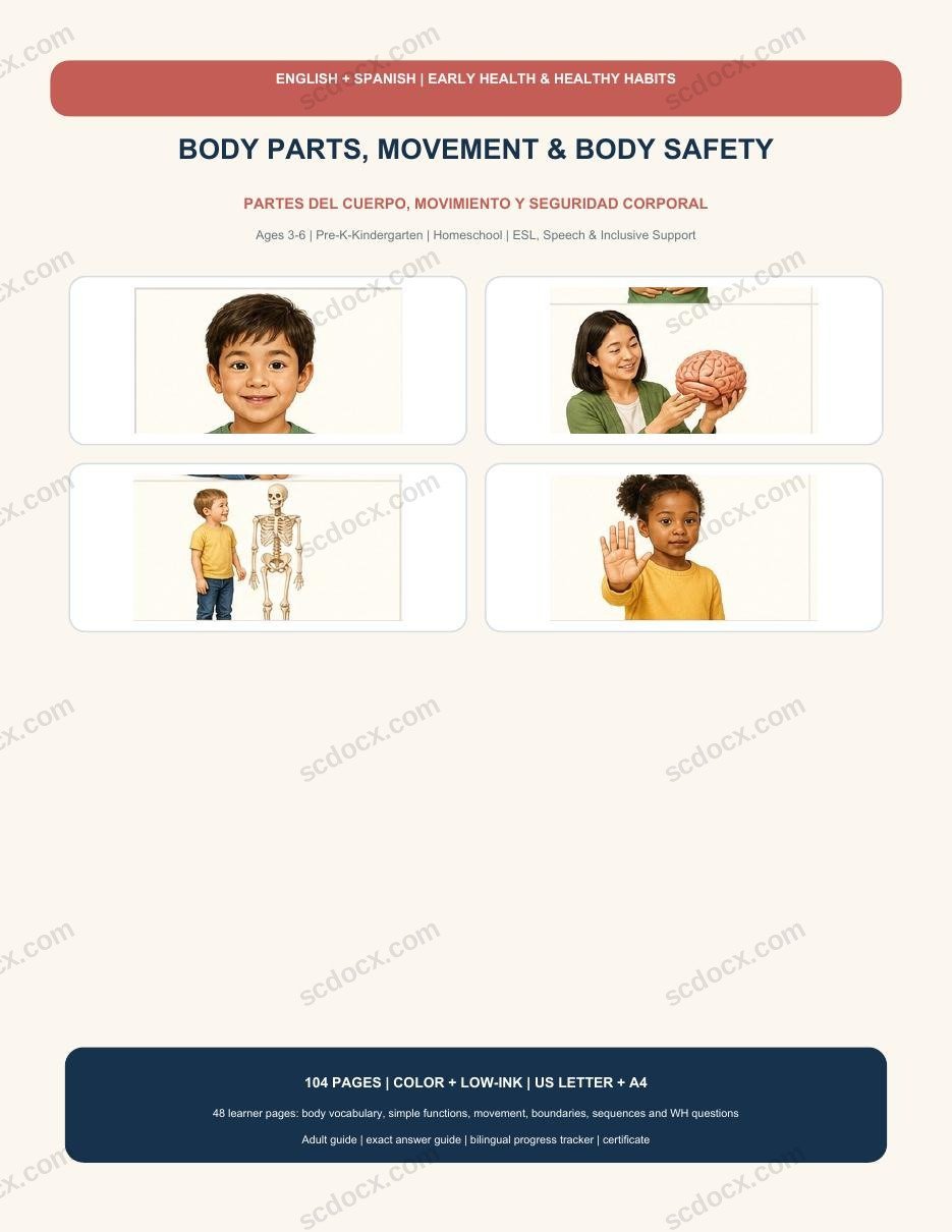 Bilingual Body Parts, Movement & Body Safety | English-Spanish | 208 Printable Pages