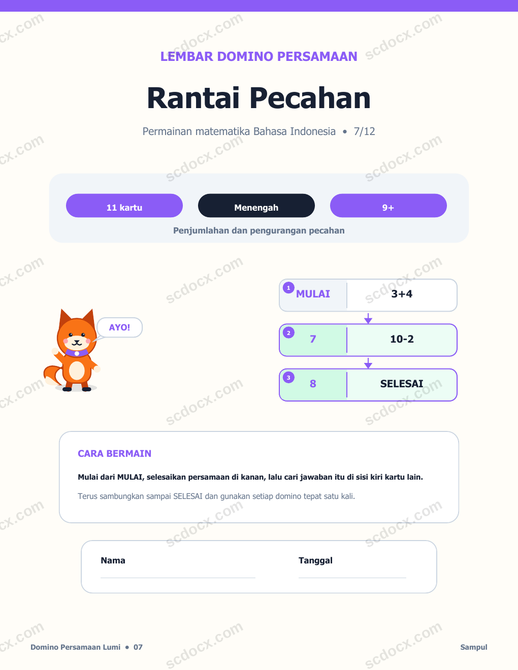 Domino Persamaan Bahasa Indonesia 07 - Rantai Pecahan dengan Jawaban