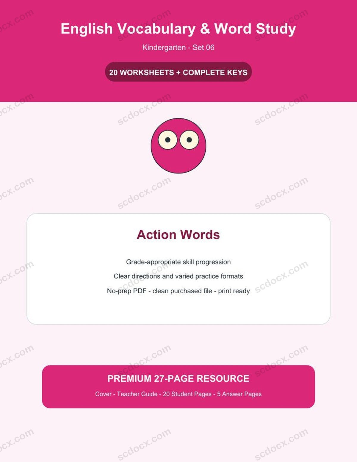 English Vocabulary & Word Study | Kindergarten | Action Words | 20 Worksheets + Answer Keys