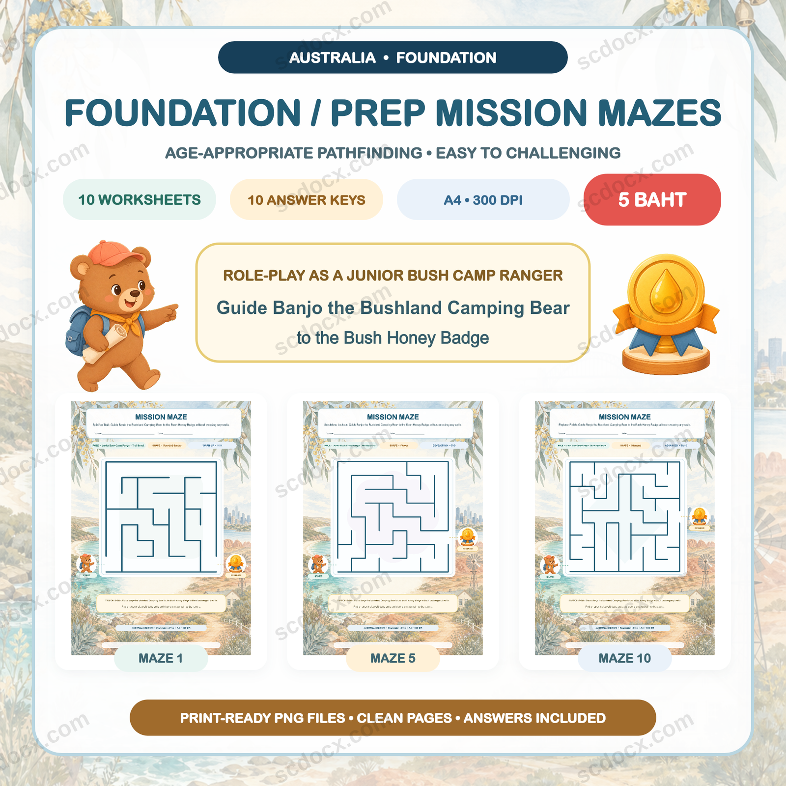 Australia Edition Mission Mazes - Foundation / Prep (10 Worksheets + 10 Answer Keys)