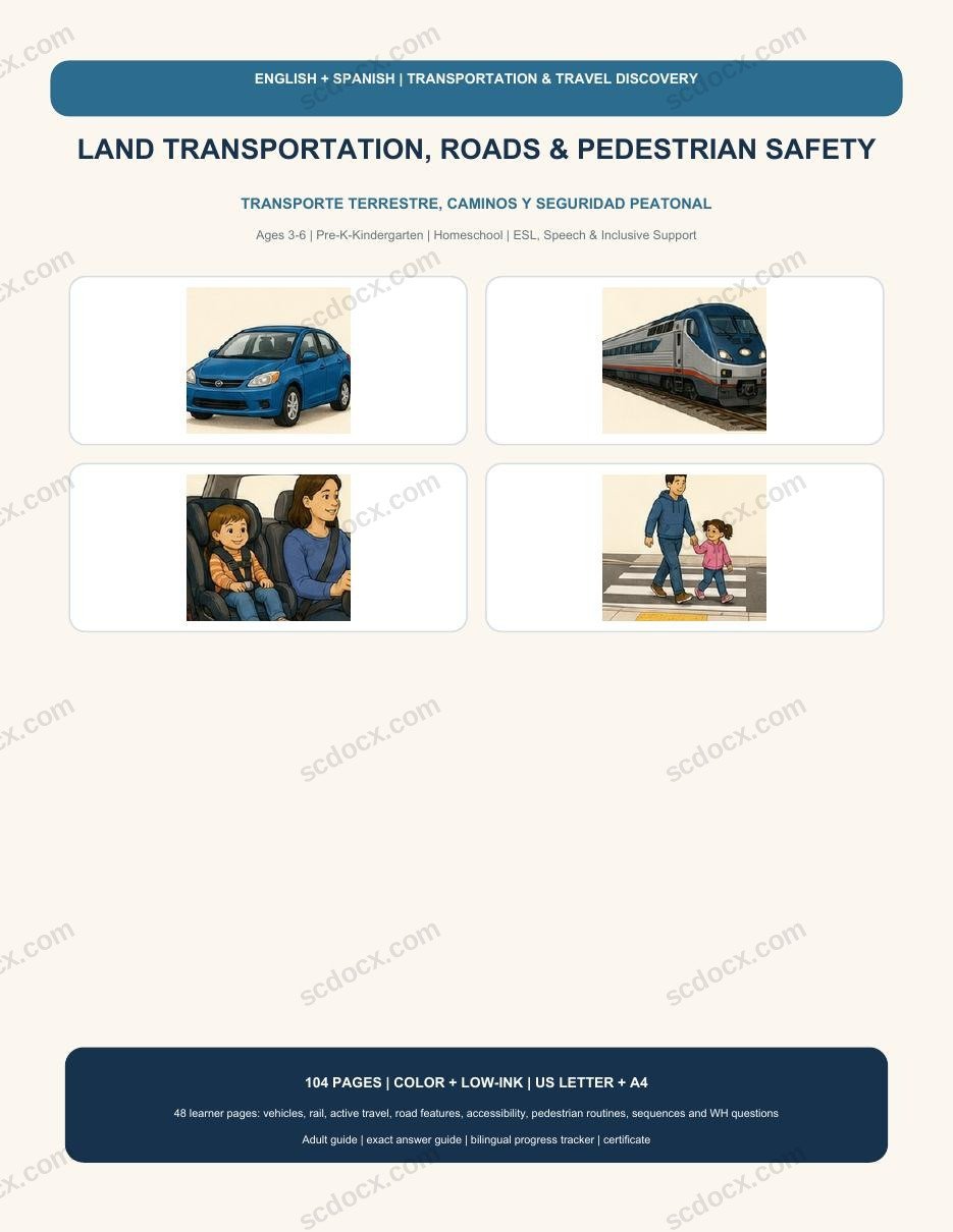 Bilingual Land Transportation, Roads & Pedestrian Safety | English-Spanish | 208 Printable Pages