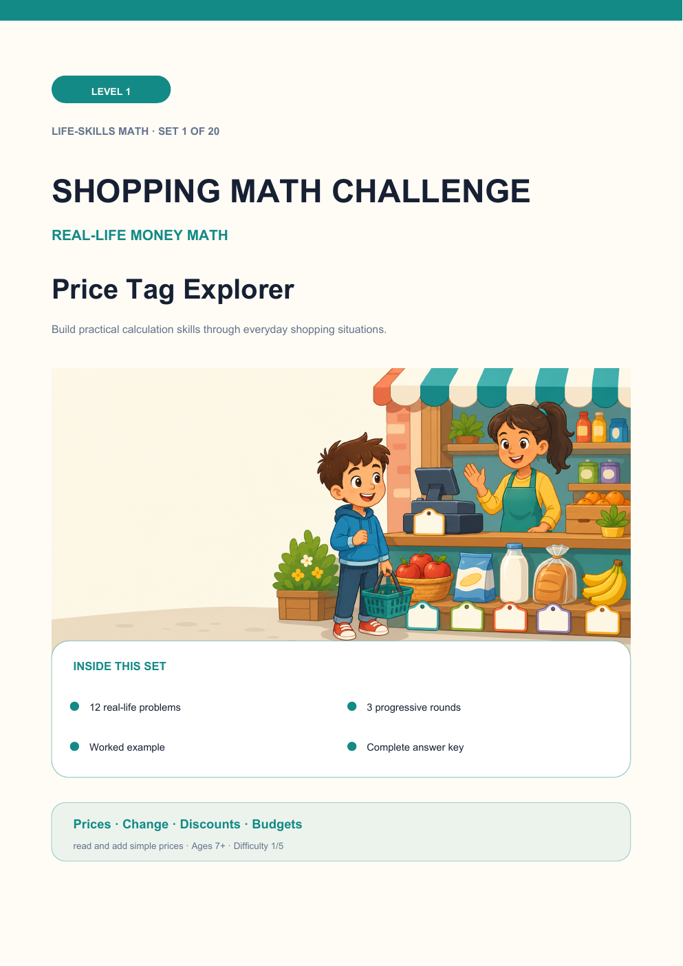 Shopping Math Challenge Level 1 | Price Tag Explorer with Answers