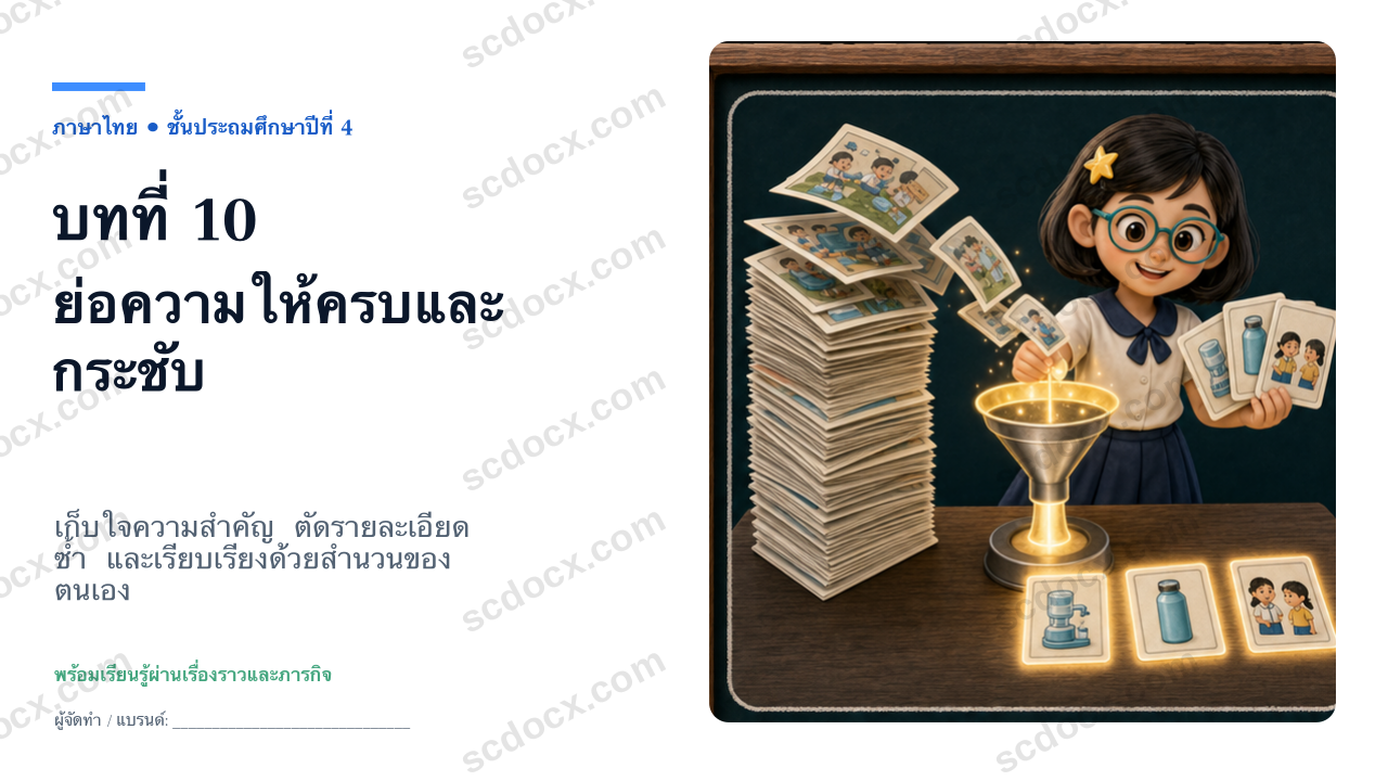PowerPoint ภาษาไทย ป.4 บทที่ 10 จับแก่น ย่อให้คม