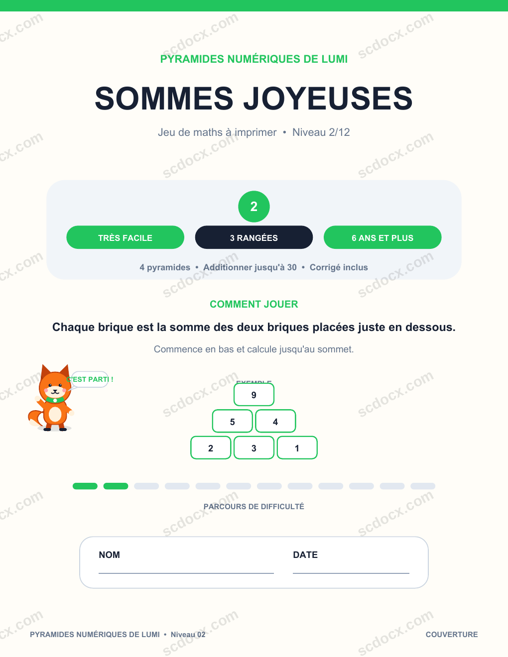 Pyramide numérique de mathématiques 02 - Sommes joyeuses avec corrigé