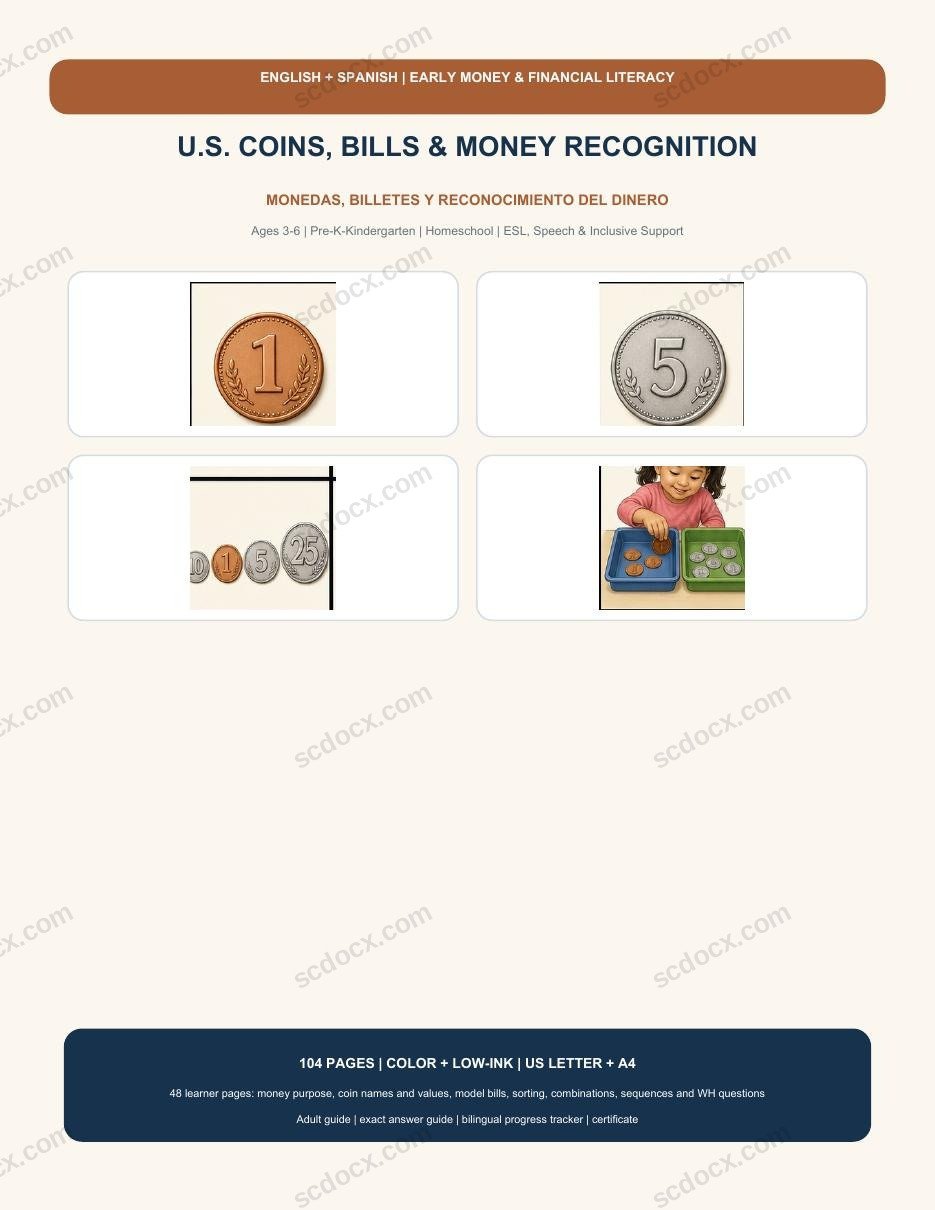 Bilingual U.S. Coins, Bills & Money Recognition | English-Spanish | 208 Printable Pages
