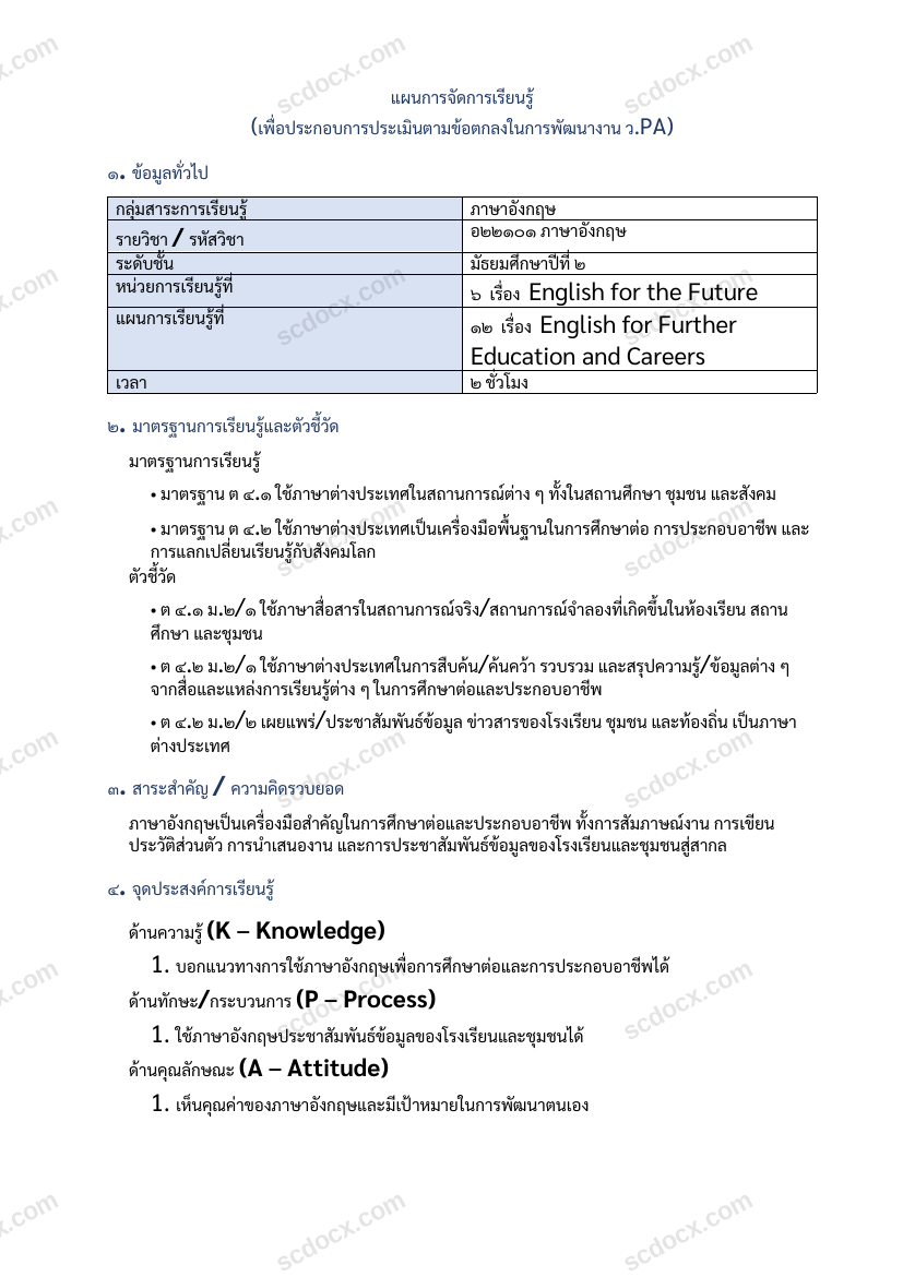 แผนการสอน ว.PA ภาษาอังกฤษ แผนที่ 12 English for Further Education and Careers ม.2