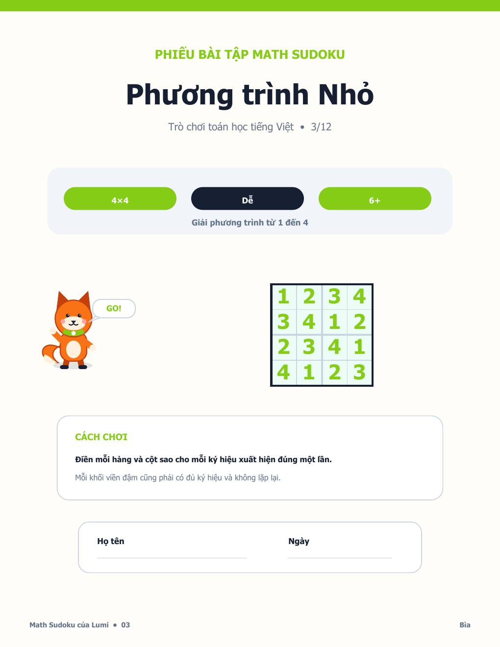 Math Sudoku Tiếng Việt 03 - Phương trình Nhỏ có Đáp án (MIỄN PHÍ)