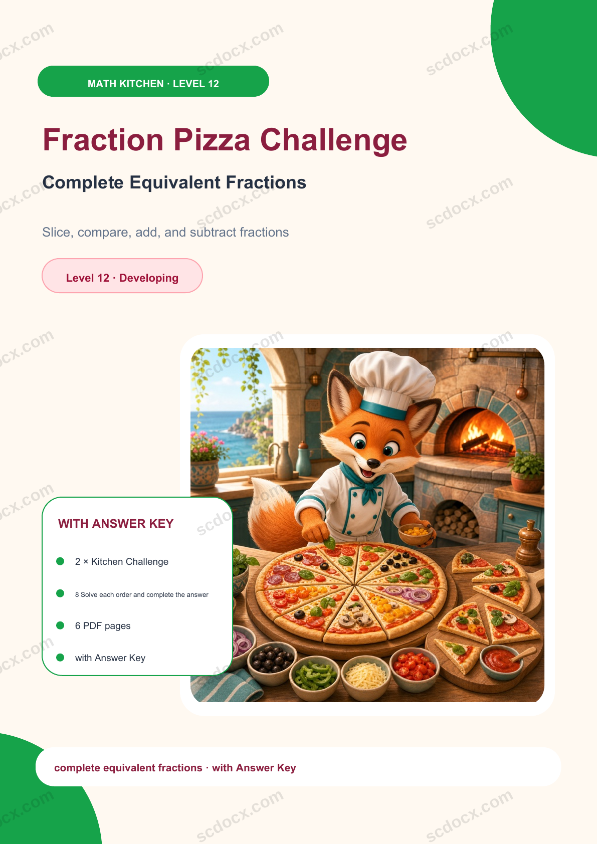 Fraction Pizza Challenge Level 12 | Complete Equivalent Fractions with Answer Key