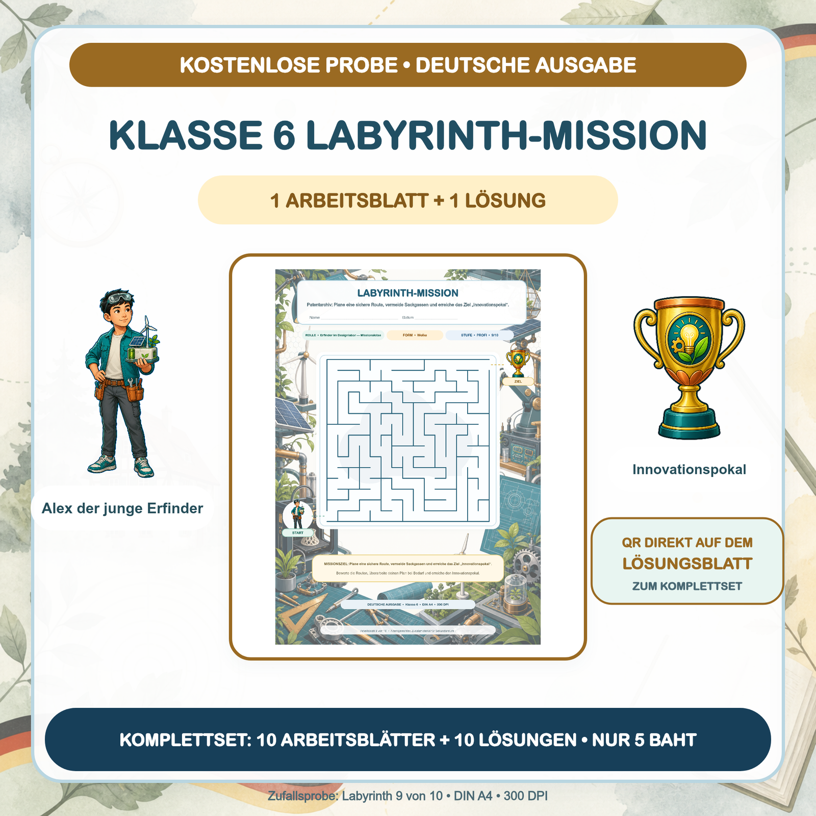 KOSTENLOSE PROBE — Labyrinth-Missionen Deutsch: Klasse 6 (1 Arbeitsblatt + Lösung)