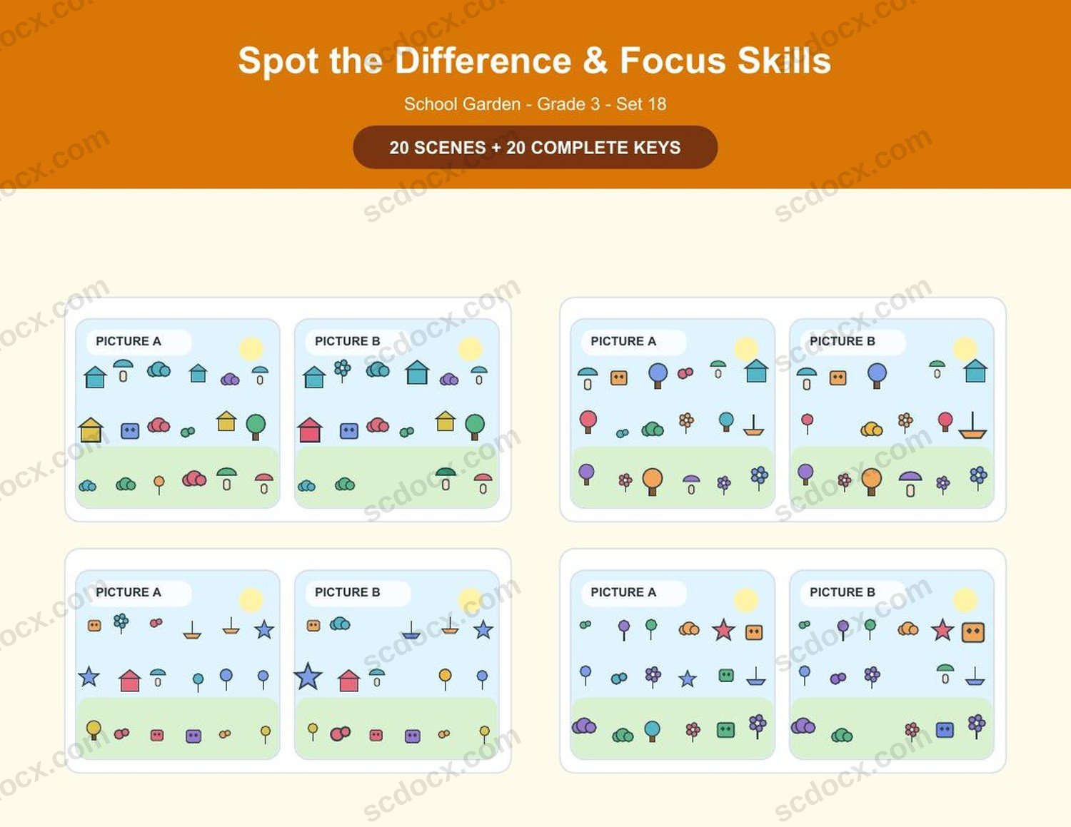Spot the Difference | Grade 3 | School Garden | 20 Games + Keys | US Letter Landscape