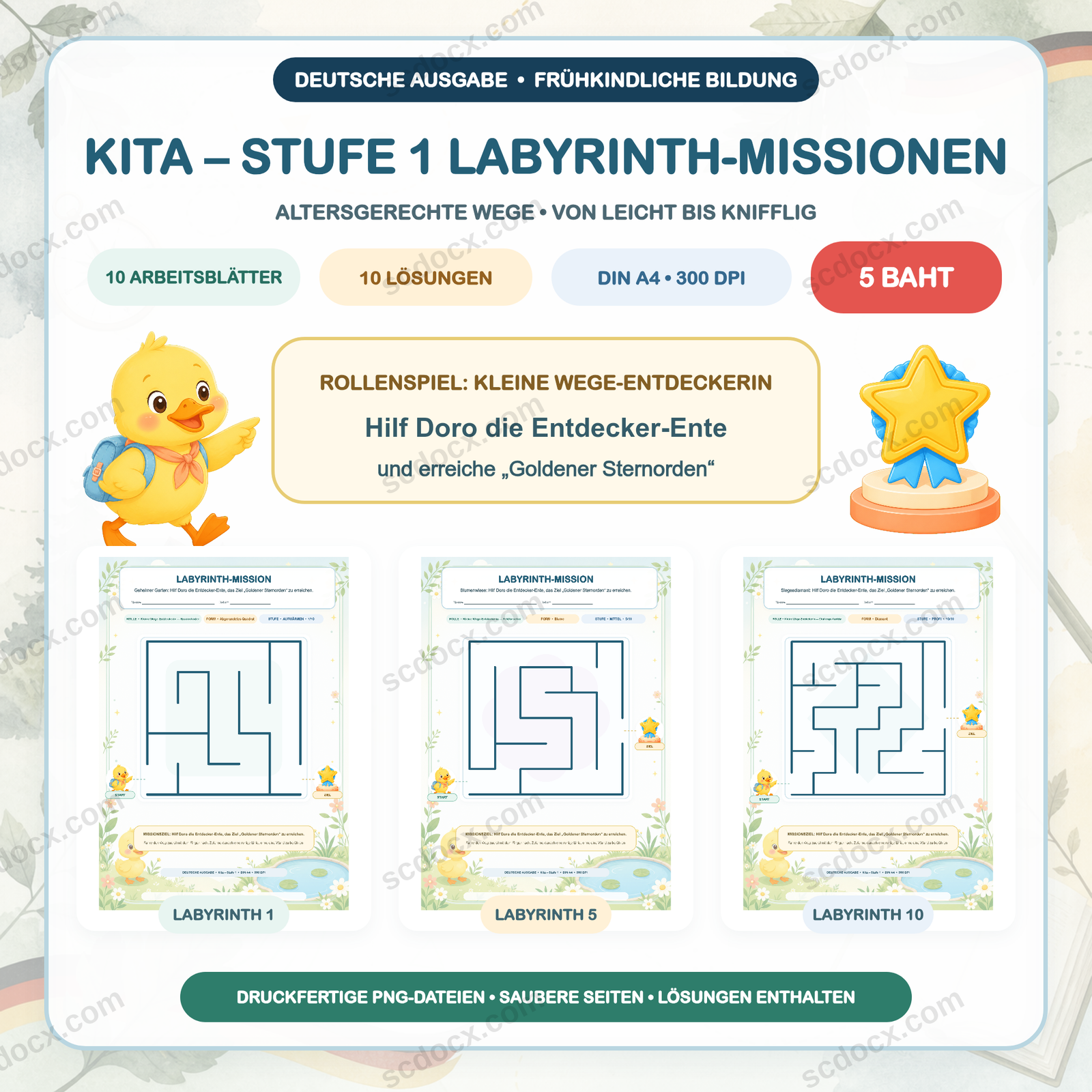 Deutsche Ausgabe Labyrinth-Missionen — Kita – Stufe 1 (10 Arbeitsblätter + Lösungen)