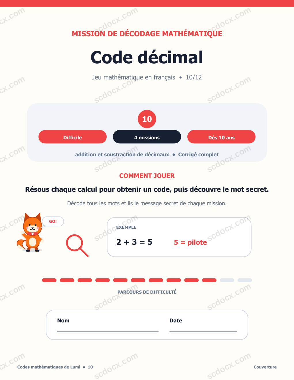 Jeu de codes mathématiques en français 10 - Code décimal avec corrigé